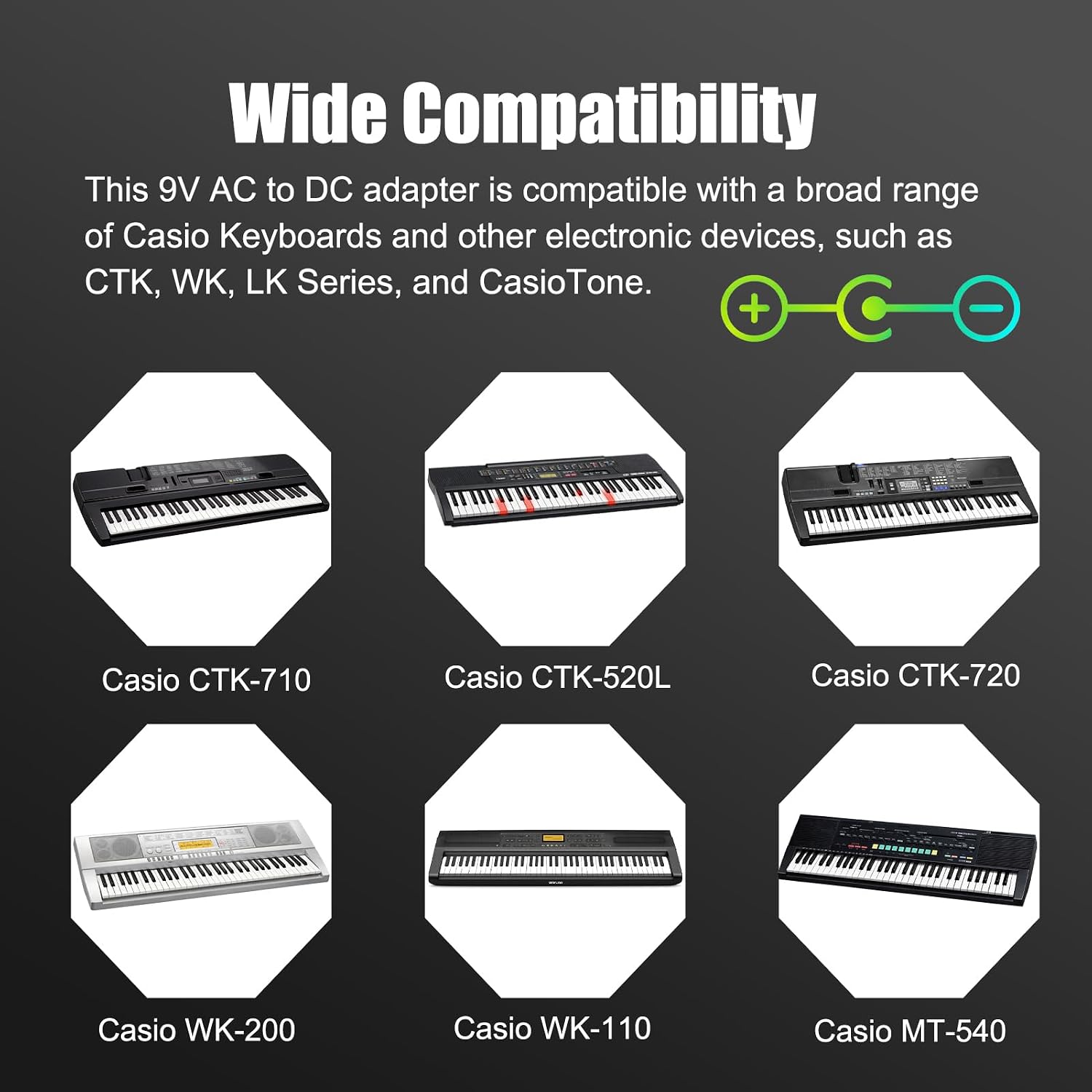 9V Power Adapter for Casio Keyboards CasioTone Piano AD-5 AD-5MU AD-5MR WK-110 WK-200 LK-43 LK-100 CTK-2100 MA150 CTK-496 CTK-710 CTK-700 CT-360 CTK-573 CTK-611,6.6ft Power Supply Cord