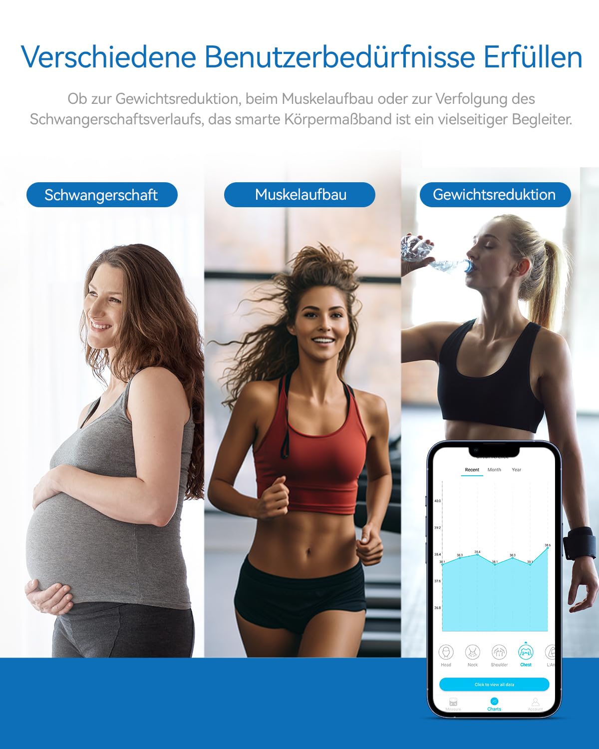 Smart Körpermaßband, Bluetooth Digitales Maßband Körper mit App für Messen der Körperumfänge von Bizeps, Brust, Hüfte, Waden, Oberschenkel und Hals, Körpermassband mit LED-Klardisplay, 150CM