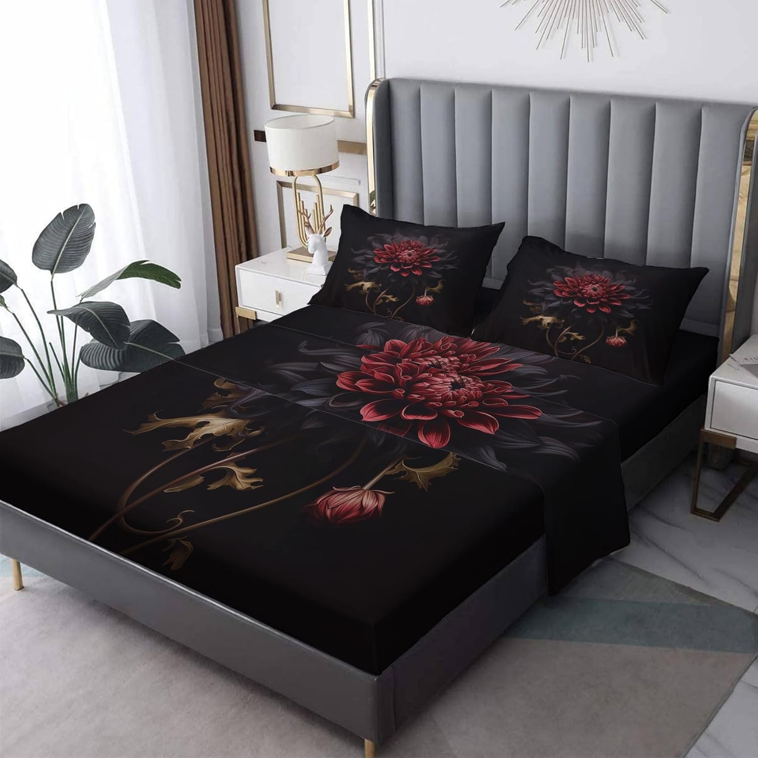 NOGAWA Sunflower Sheets California King Size, Yellow Floral Bed Sheets, Patterned Bedding Sheets & Pillowcases 4 Piece Set - Soft Microfiber Deep Pocket Fitted Sheet & Flat Sheet & 2 Pillow Cases