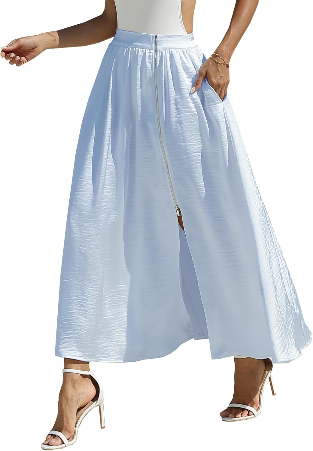 Zip Wrap Skirt with Pockets Elastic Waist Slit Satin Maxi A-Line Flowy Skirt Formal Work Wedding Guest Cocktail Party