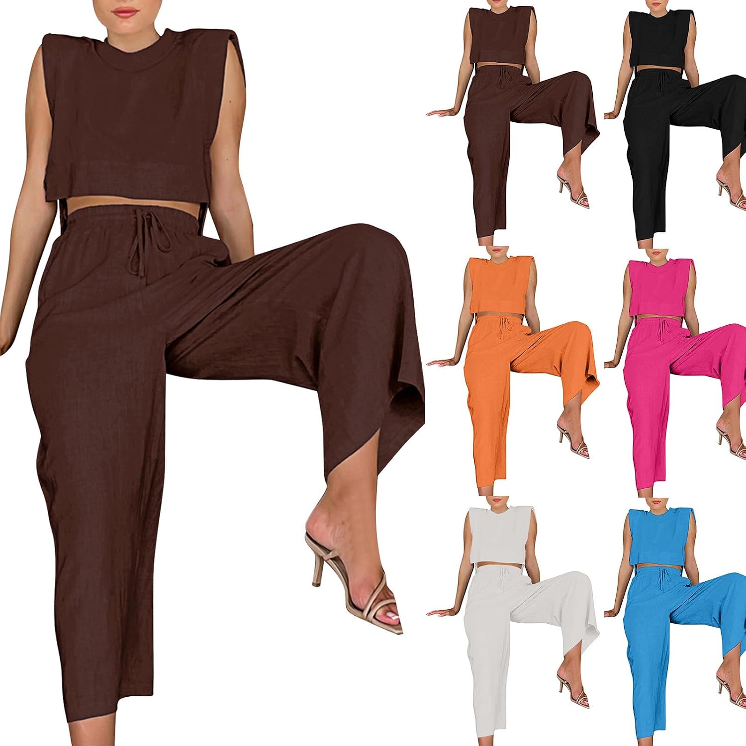 HGps8w Womens Sleeveless Tracksuit Sets with Shoulder Padded, Casual Loose Crop Tank Top Matching Wide Leg Pants