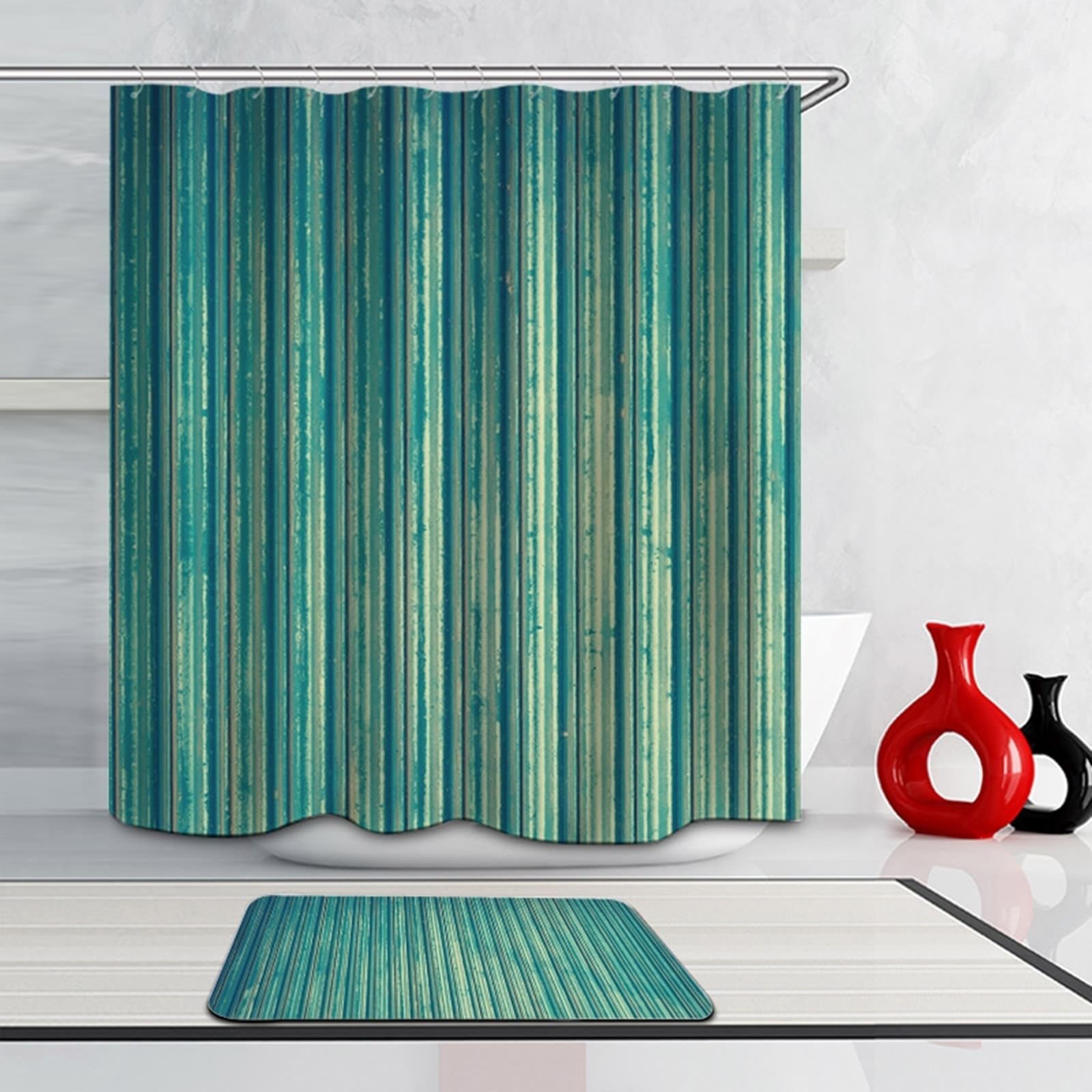 Cortina de ducha de tela azul 165 x 180 cm, diseño de rayas, poliéster, lavable, tela de 1,65 x 1,8 m de largo (ancho x alto) con anillas para cortina de ducha