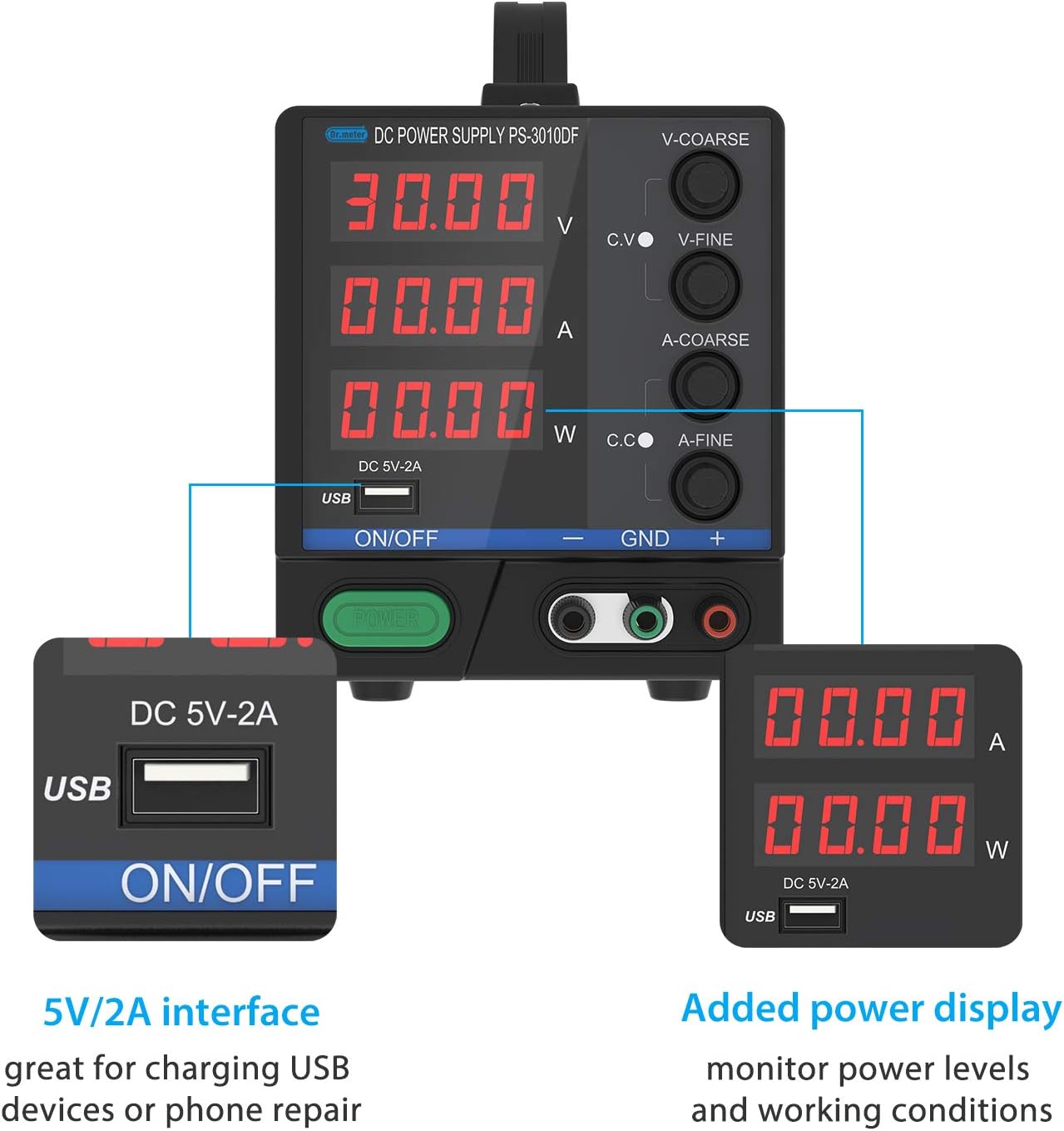 DC Power Supply, Dr.meter 30V/10A Multifunctional and Switching DC Regulated Power Supply with 4-Digits LED Display and 5V/2A USB Interface, Alligator Leads US Power Cord for Laboratory, 3 Terminals