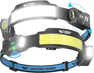 Smiling Shark Headlamp, 2 Pieces Ultra Power Rechargeable 4 Wide Beam Headlights, Adjustable Headlight, Motion Sensor, 2400mAh, 5 Modes for Hiking, Fishing, Camping