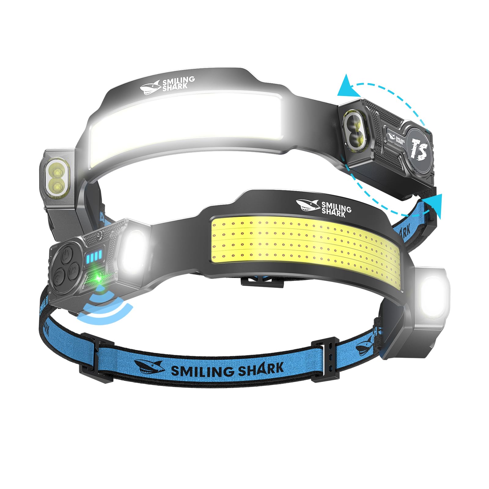 Smiling Shark Headlamps, 2 Pack Super Bright LED Head Lamp Rechargeable Adjustable Spotlight & 4 Floodlight with Motion Sensor 4 Mode 2400mAh HeadTorch for Emergency Camping Hiking Fishing Running