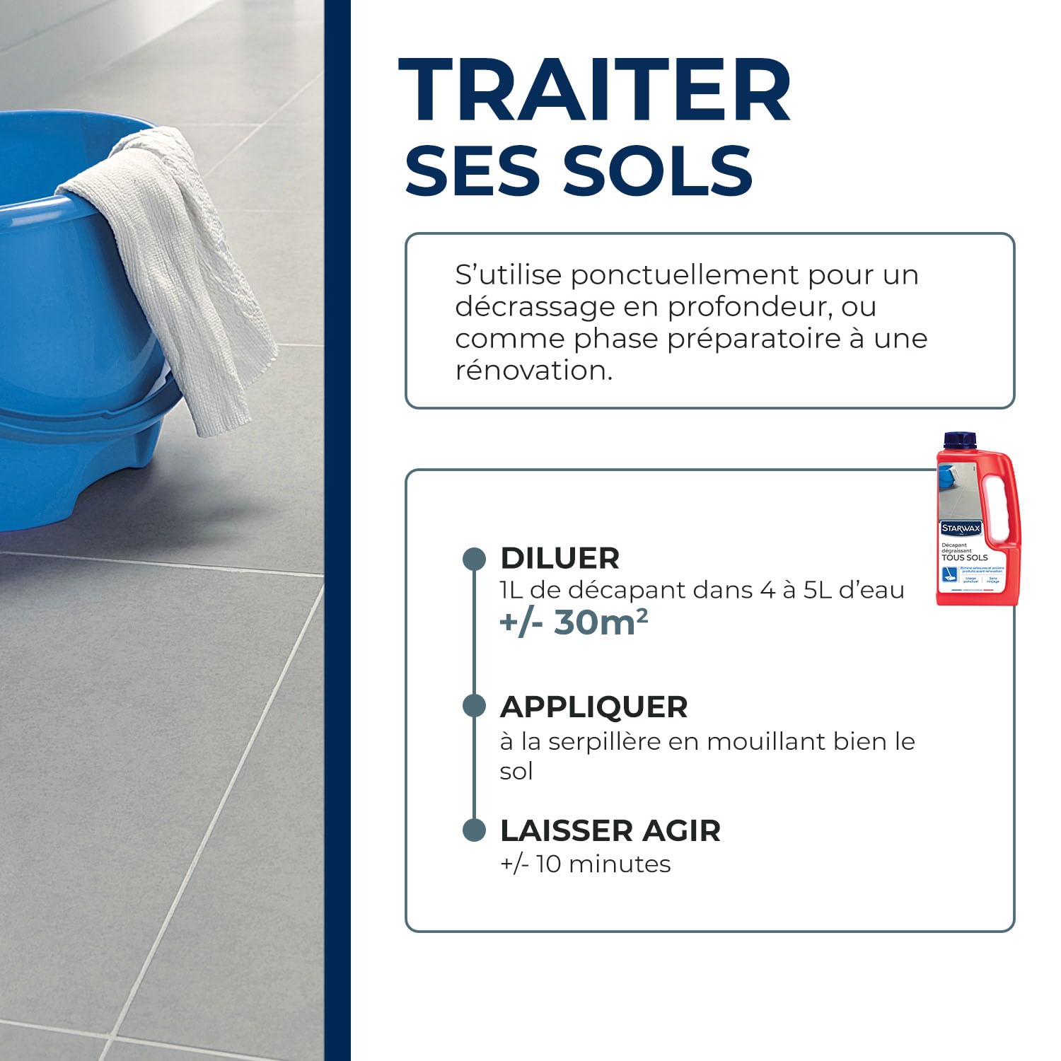 STARWAX Décapant Dégraissant Sans Rinçage 1L Tous Sols Carrelages PVC Parquets Vitrifiés 80m²