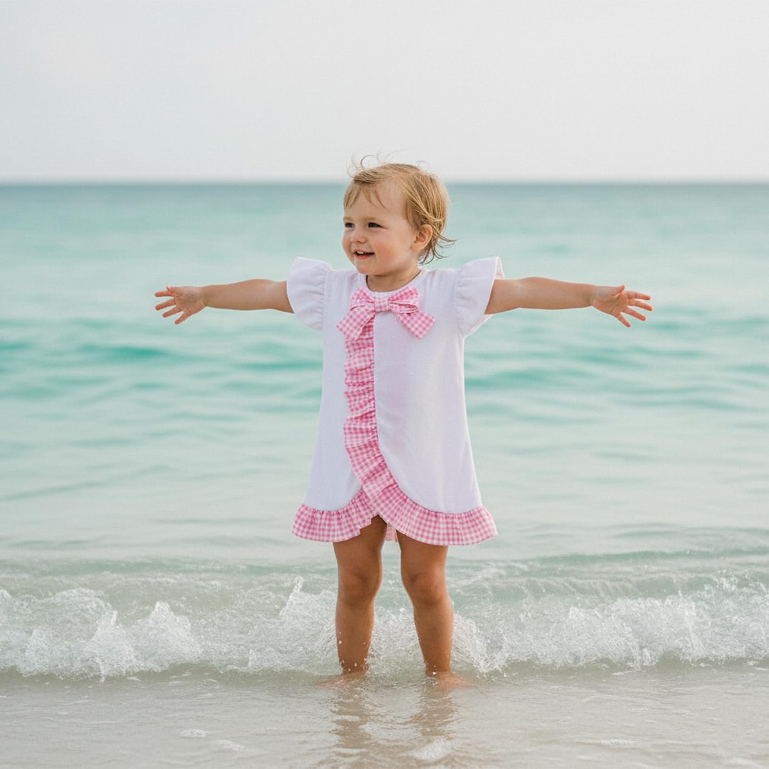 Girls Terry Swim Cover Up Fly Sleeve Gingham Trim Coverups Bathing Suit Kids Plaid Ruffled One Piece Swimsuits