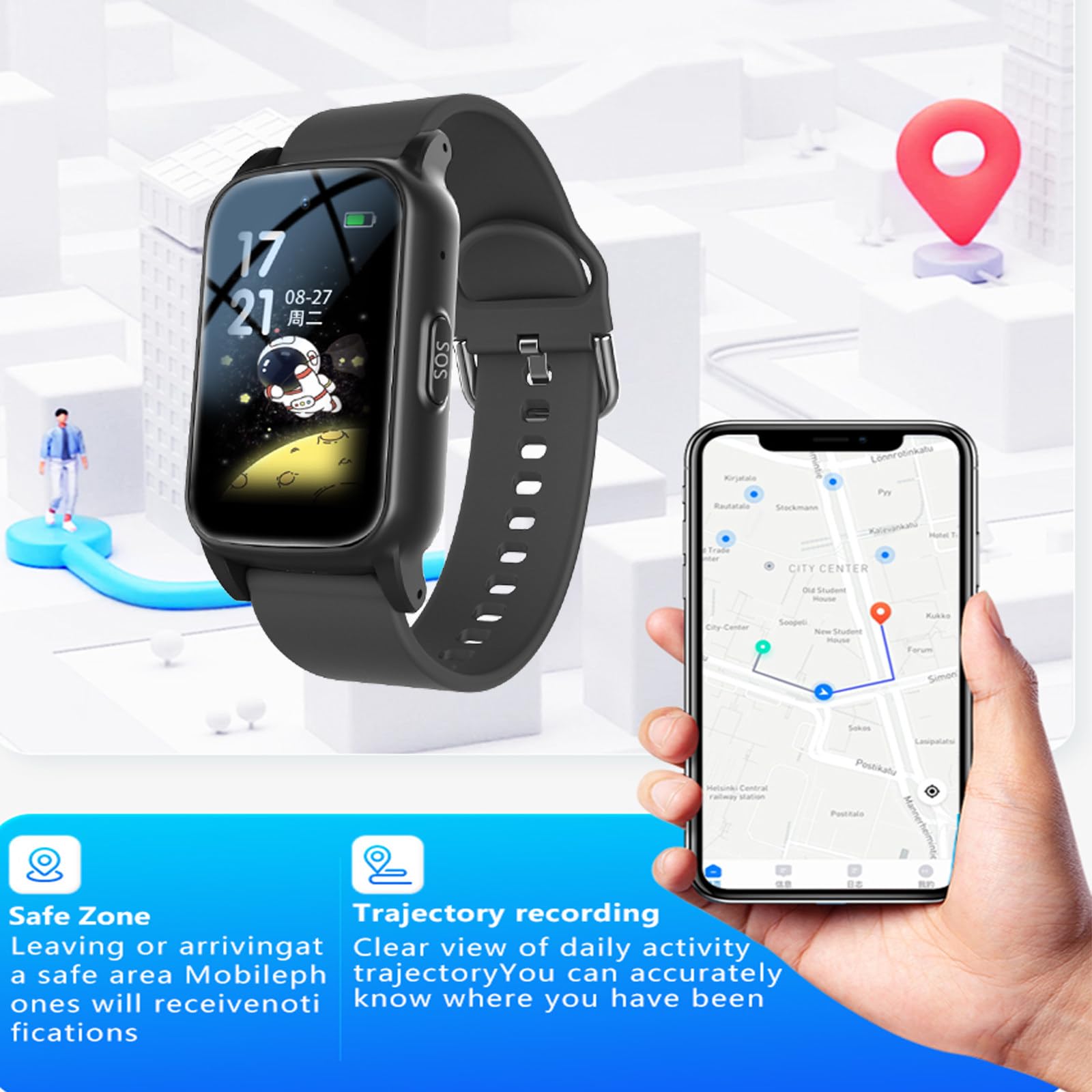 Salvavita Anziani Allarme Personale per Anziani Orologio Anticaduta Rilevamento Cadute Localizzazione GPS Notifica Di Caduta per Smartphone S5-Black