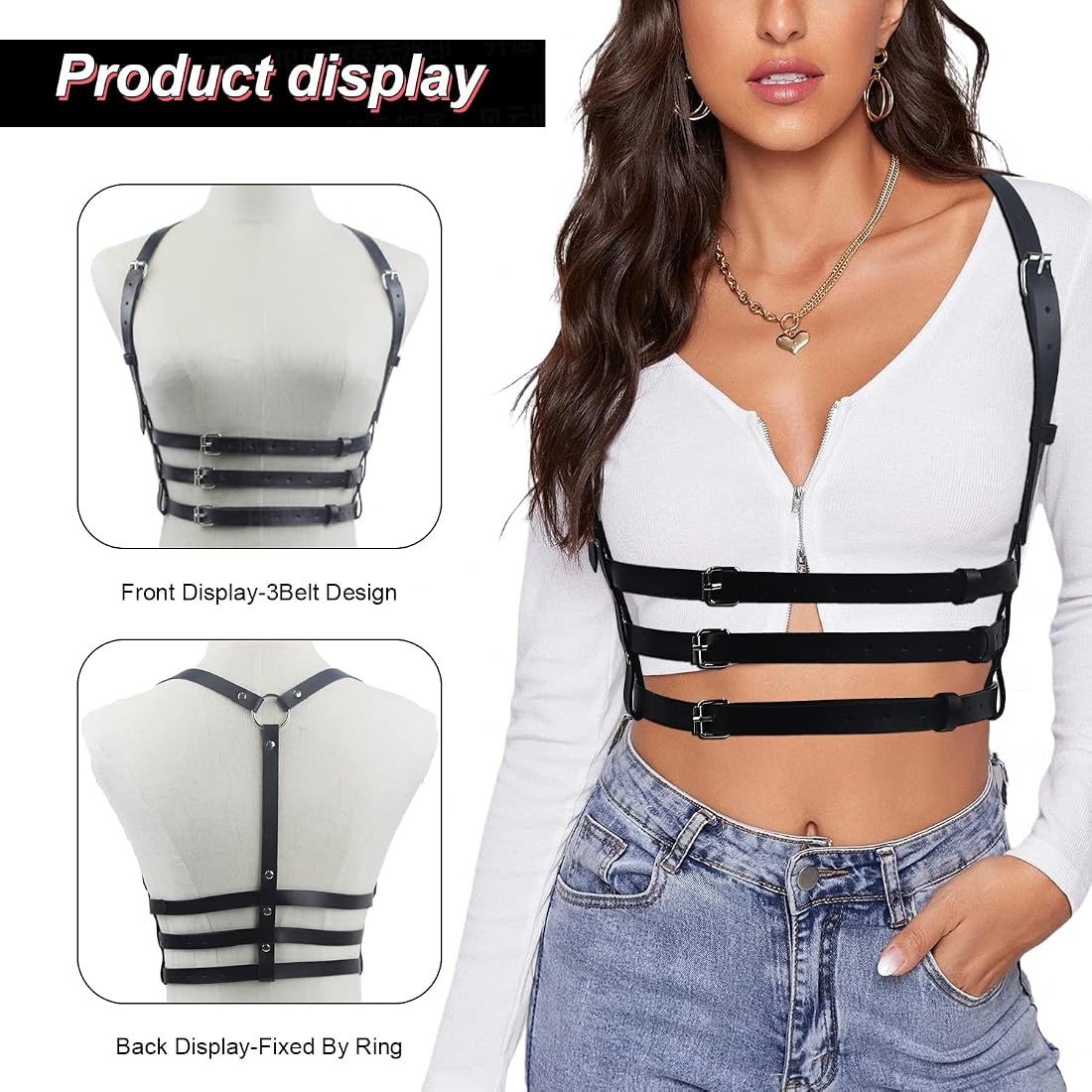DERLOW Women Black PU Leather Punk Waist Belt, Fashion 2-Belt & 3-Belt Double Grommet PU Leather Punk Belt for Women Men - 1.5 Wide  main image 4