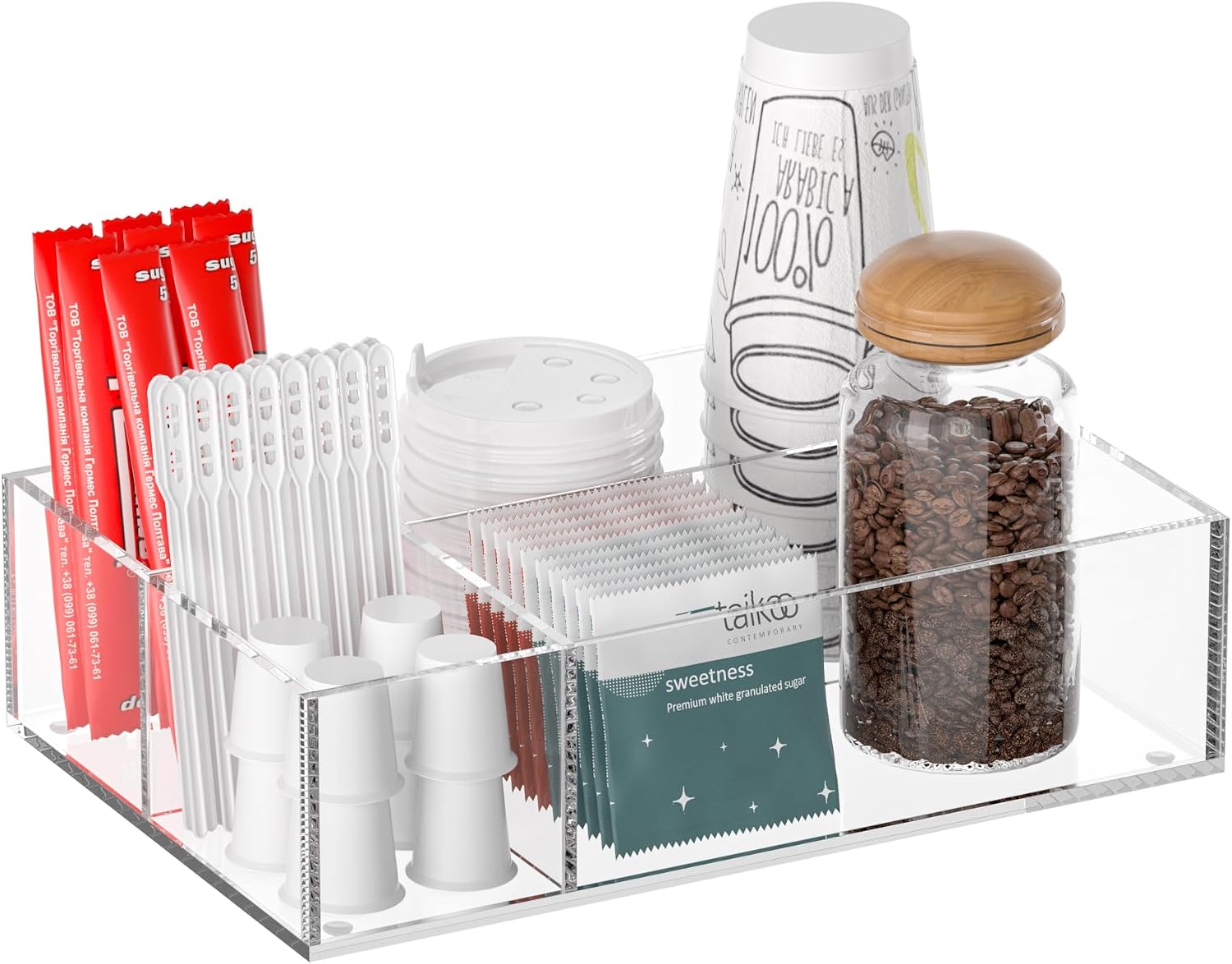 Clear Coffee Station Accessories Organizer, Countertop Acrylic Coffee Bar Tray for Coffee, Tea Bags, Condiments, Cups, Jars