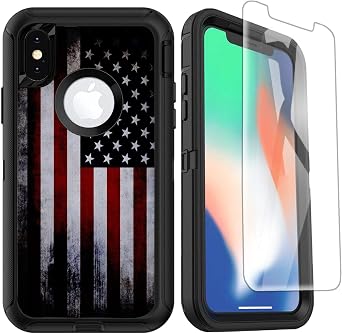 Compatible for iPhone Xs Case with Screen Protector Old American Flag Design iPhone X Case for Men Boys Heavy Duty Shockproof Protective Case for iPhone X/XS 5.8inch, Vintage USA Flag