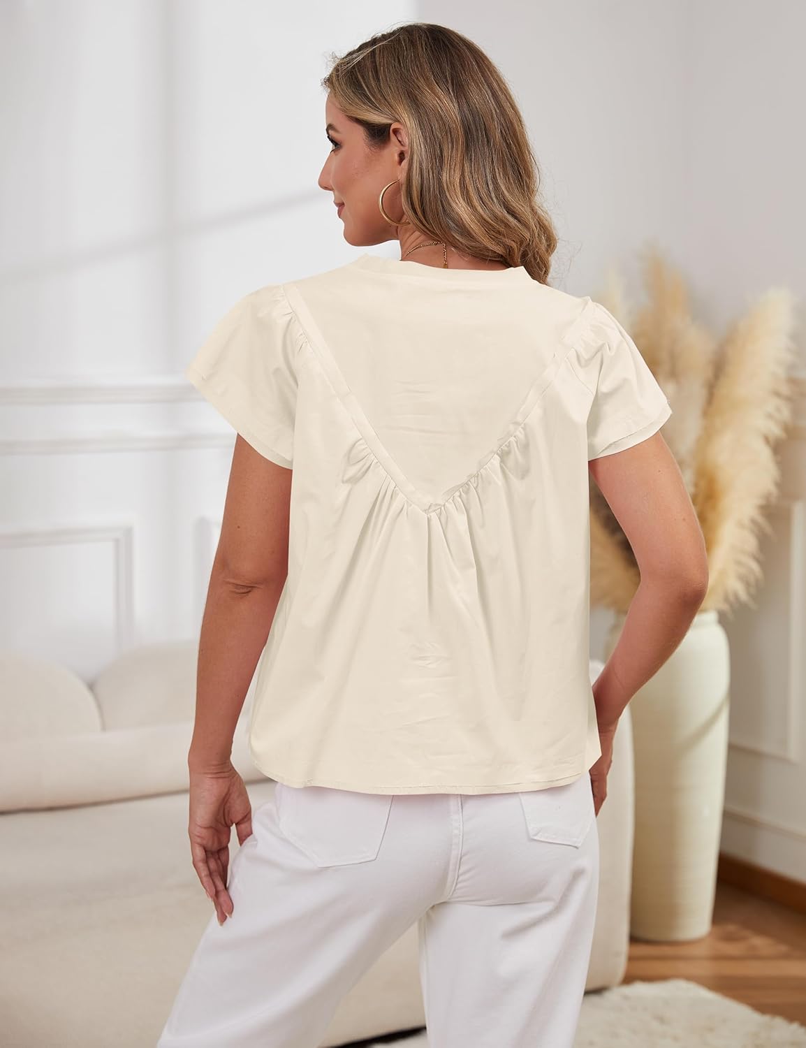 MISSACTIVER Women’s Smocked Short Sleeve Blouse V Neck Pleated Babydoll Tunic Shirts - Image 2