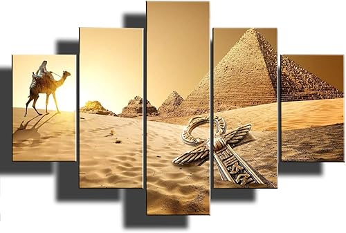 Miniatura 25 de Lienzo egipcio de 5 paneles, arte para pared, símbolos jeroglíficos en la pared, cuadros vintage de Egipto para sala de estar, impresiones HD, obras