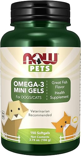 NOW Pet Health, suplemento de mini geles Omega 3, formulado para gatos y perros, certificado NASC, 150 cápsulas blandas