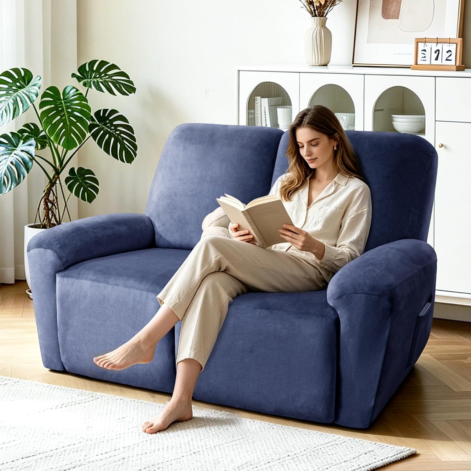 Waterproof Recliner Couch Covers 6-Pieces Velvet Stretch Loveseat Covers for 2 Cushion Couch Reclining Slipcover Washable Furniture Protector with Elastic Bottom Pet (2 Seater, Navy Blue)
