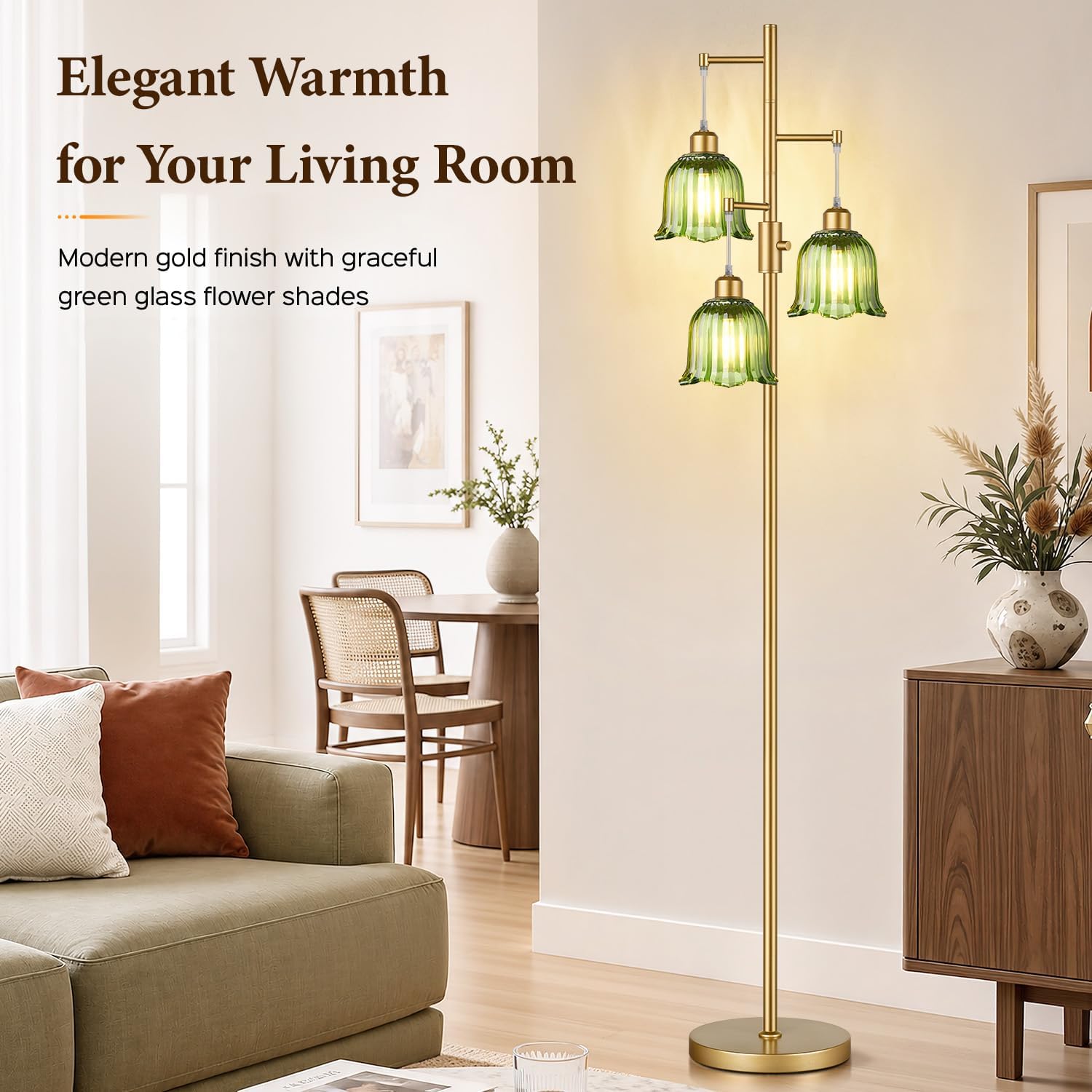 Dimmable Floor Lamp, 3 x 900LM Edison Bulbs Included, Modern Gold Tree Standing Lamp with Elegant Green Glass Flower Shade 3 Lights Vintage Floor Lamp for Living Room, Bedroom, Office thumbnail