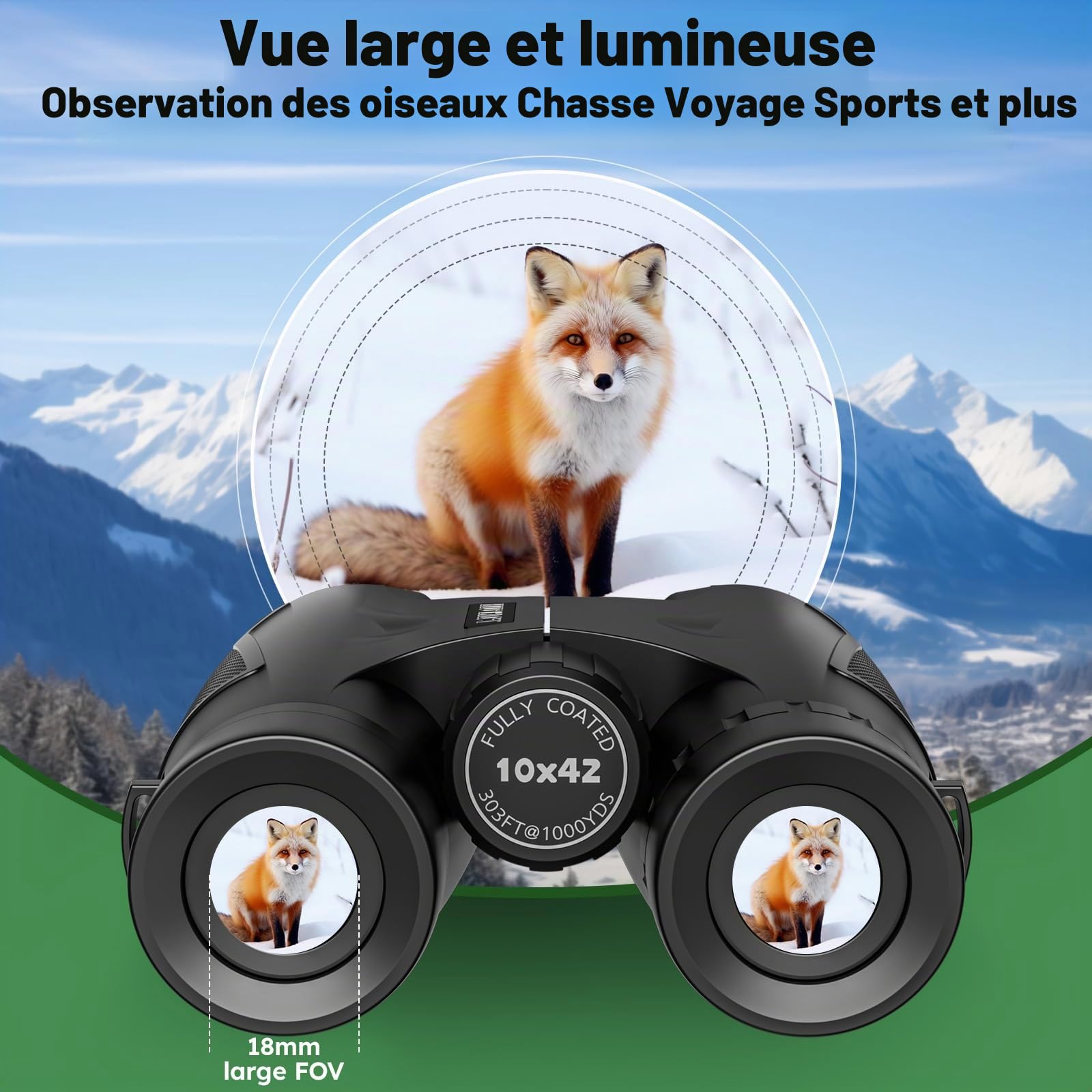 Jumelles Adultes puissante 10 x 42 avec BAK4 Prism, FMC lentille, Grande oculaire, Compact,Idéales pour Les Voyages en Plein air, pour Observer Les Animaux et pour Regarder Un Concert