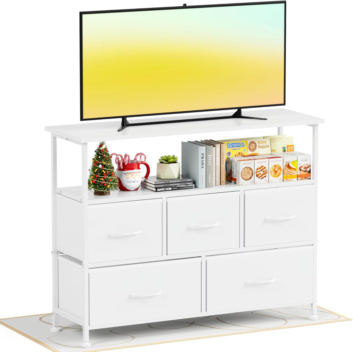 Simple Deluxe TV Stand Dresser for Bedroom Entertainment Center with 5 Fabric Drawers, Storage Organizers Units for Living Room, Media Console Table with Open Shelf up for 45" TV, White, Wood top