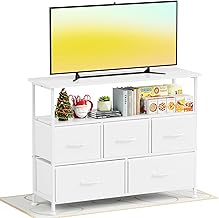 Simple Deluxe TV Stand Dresser for Bedroom Entertainment Center with 5 Fabric Drawers, Storage Organizers Units for Living Room, Media Console Table with Open Shelf up for 45" TV, White, Wood top