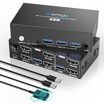 HDMI KVM Switch 2 PC 2 Monitor 8K @ 60 Hz 4K @ 120 Hz KVM Switch for 2 Computers 2 Monitors and 4 USB Devices with 2 USB 3.0 Cables and Desktop Controller