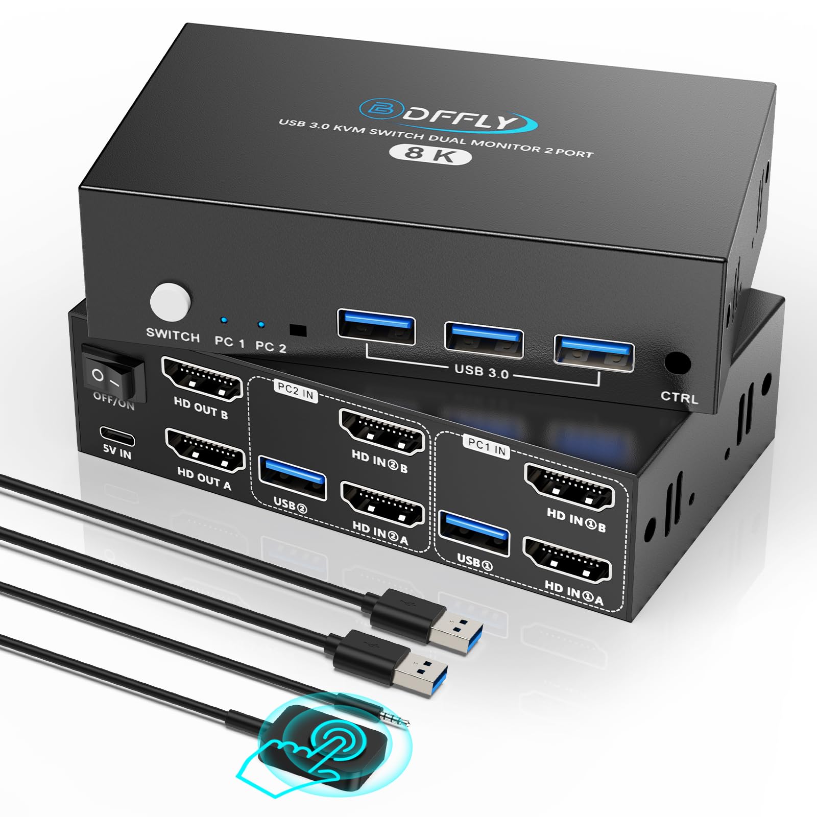 USB 3.0 KVM Switch 2 Monitores HDMI+Displayport 8K@60Hz,4K@120Hz, Dual Monitor KVM Switch para 2 PC Comparte 2 Monitores y 4 Dispositivos USB3.0. Control Remoto con Cable y 3 Cables Incluidos