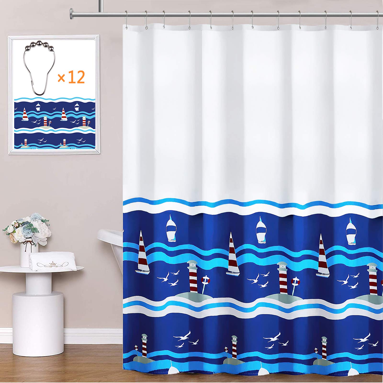 OSHELY Waterproof Shower Curtain, Weighted Hem, Anti Mould Mildew Resistant Bathroom Curtain, Machine Washable, Nautical, with 12 Stainles Steel Hooks (180 x 180)