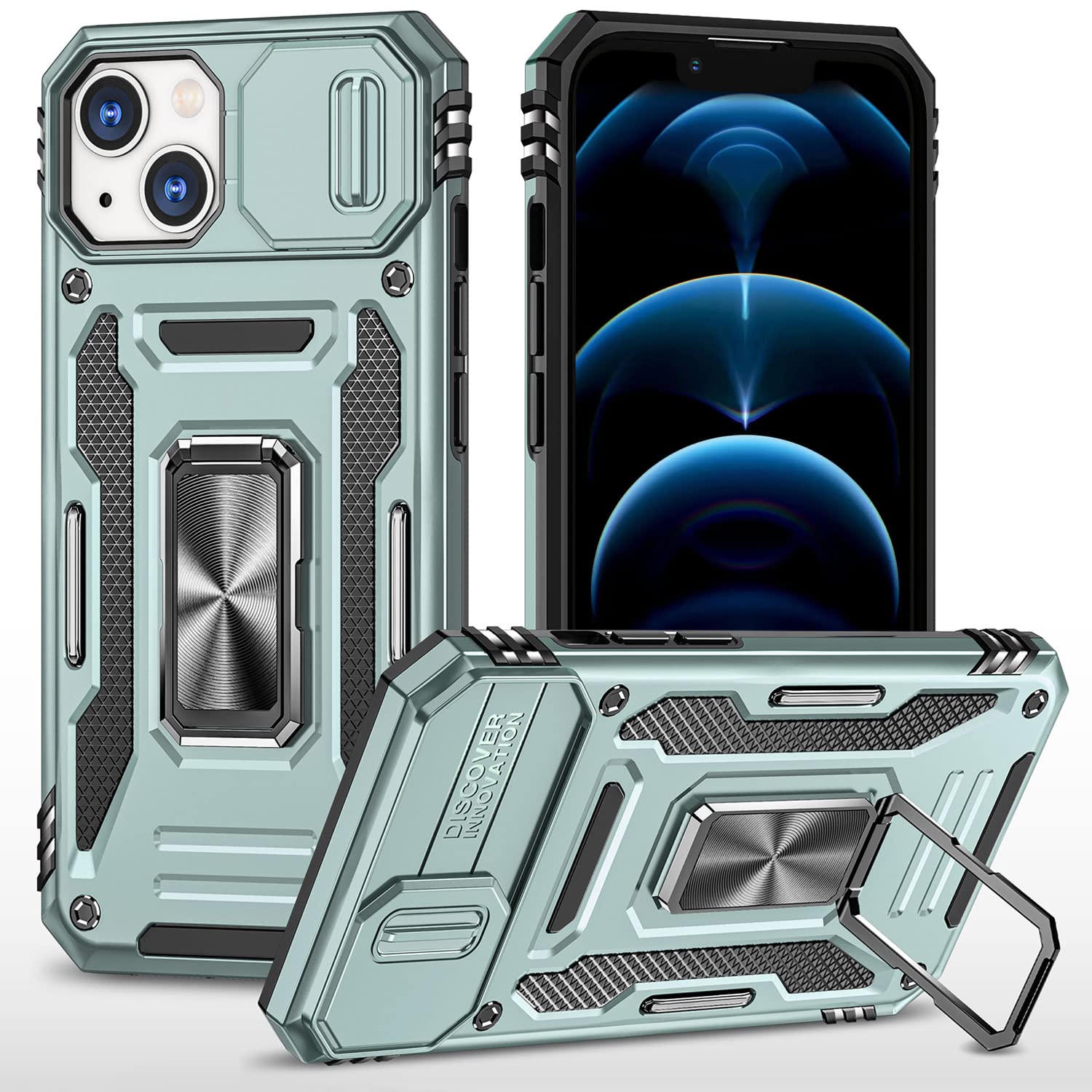 SEFING Phone Case for iPhone 14 Case with Slide Camera Cover, with Finger Ring Holder Stand, fit Magnetic Car Mount, for iPhone 14 (Alpine Green)