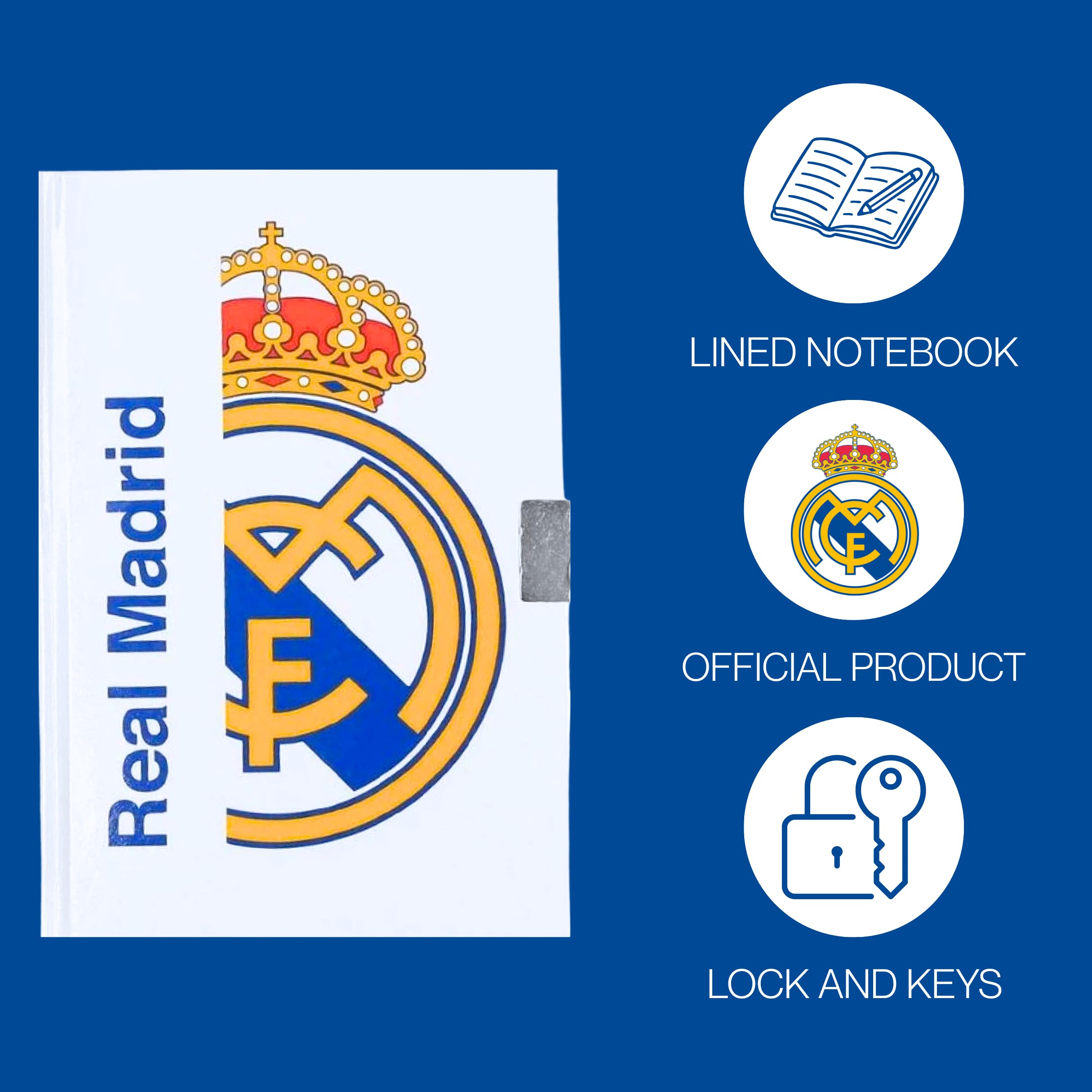 CF REAL MADRID Juego de Papelería para Niños, Incluye Cuaderno Boligrafo Pegatinas y Candado con Llaves, Regalo para Niños