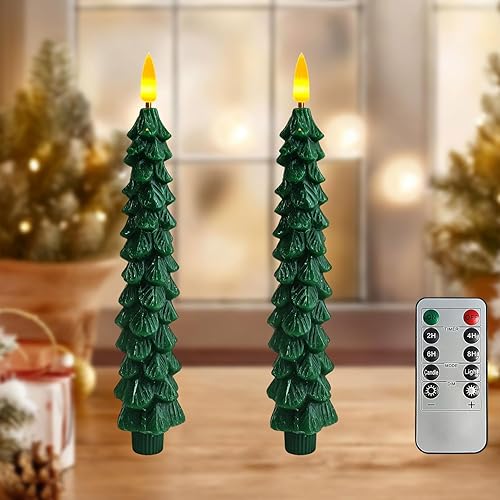 Velas sin llama parpadeantes de árboles de Navidad de color verde oscuro con control remoto y temporizador, velas LED de cera real con mecha de