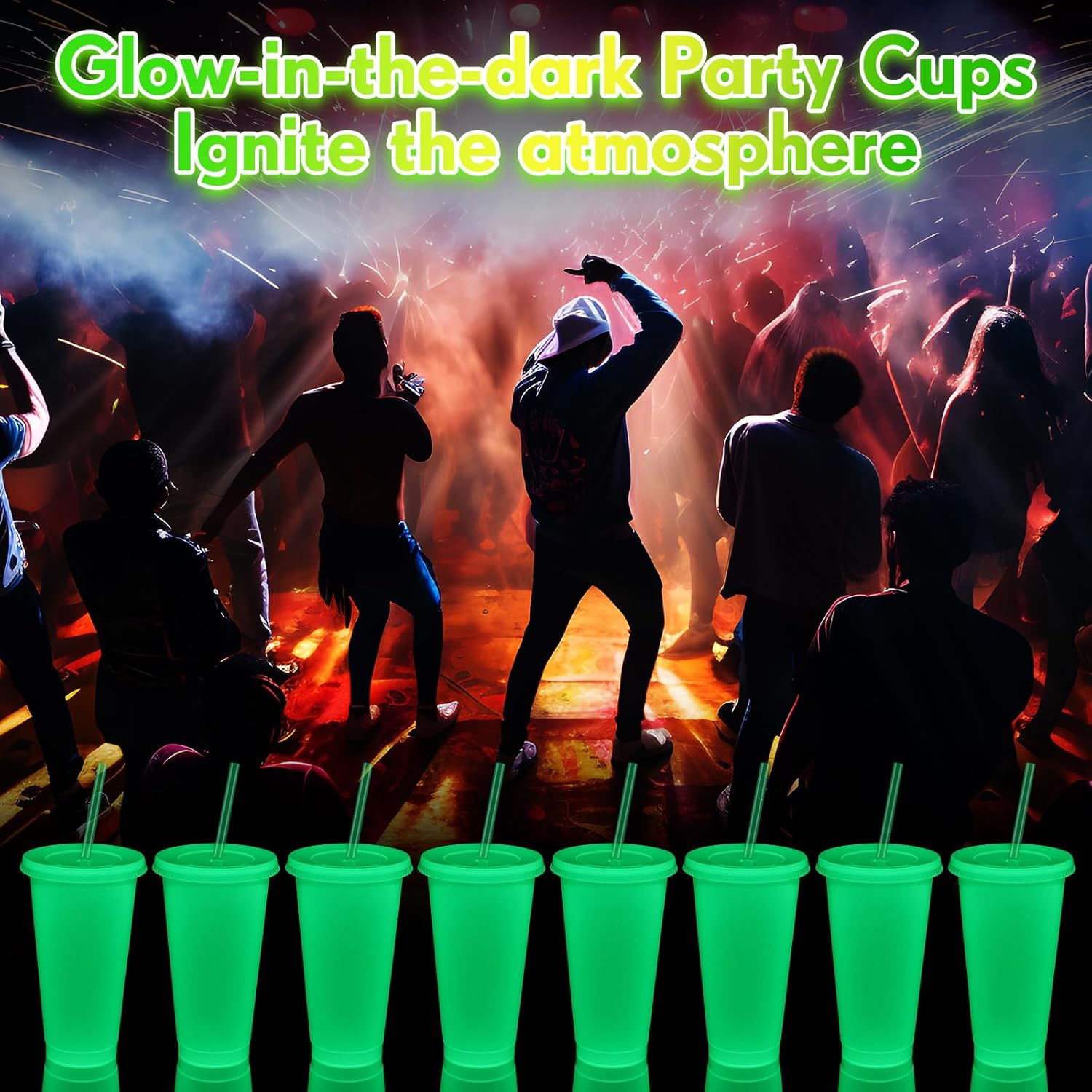 Honeydak 15 Pack 24 oz Glow in The Dark Cups Gift Bulk Light up Neon Plastic Tumbler with Straw and Lid Glow in The Dark Party Supplies Water Bottle Iced Coffee Mug Reusable(Fluorescent Green)