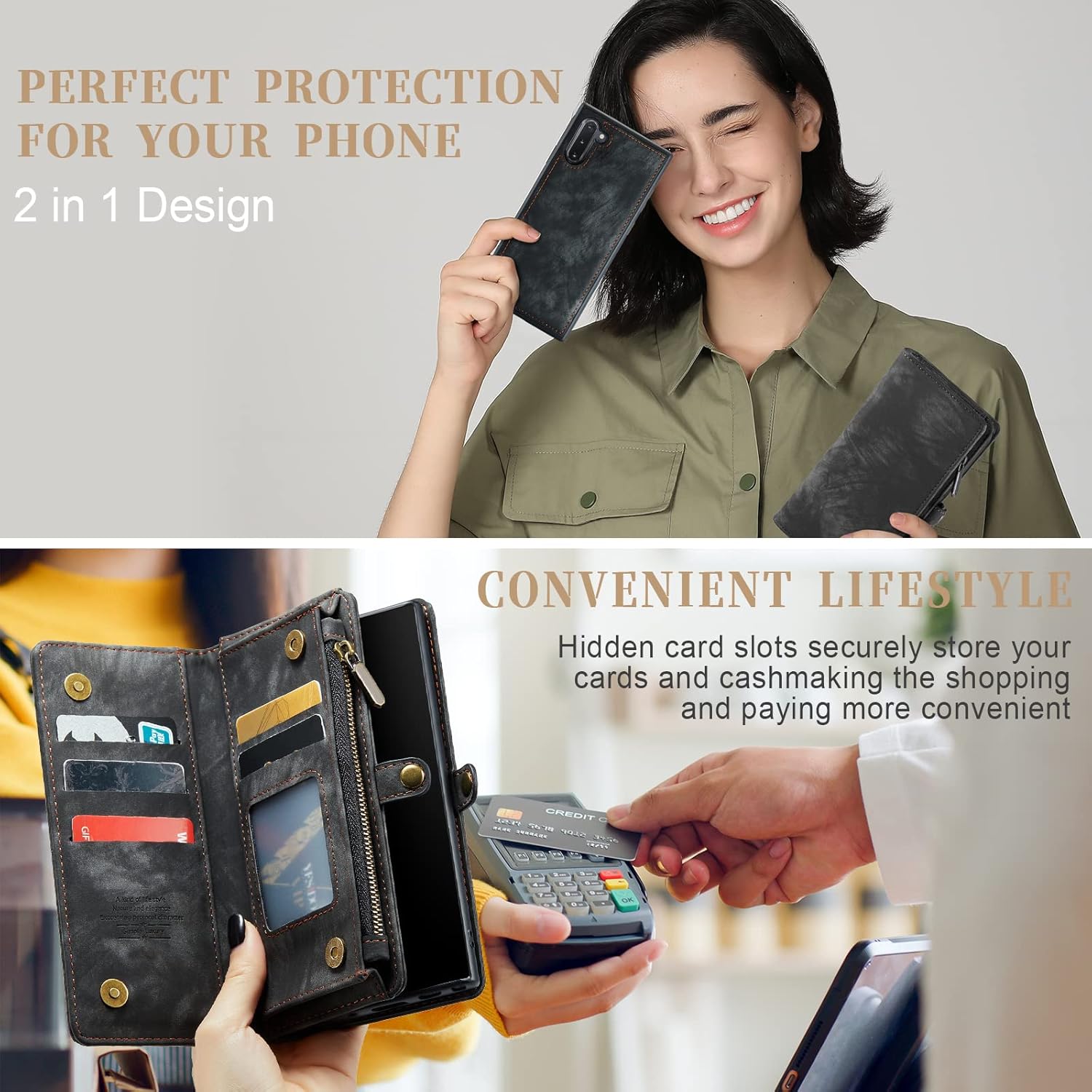 Asuwish Phone Case for Samsung Galaxy Note 10 Glaxay Note10 5G Zipper Wallet Detachable Cover with Tempered Glass Screen Protector and Flip Card Holder Cell Gaxaly Notes 10s Ten Not S10 Women Black