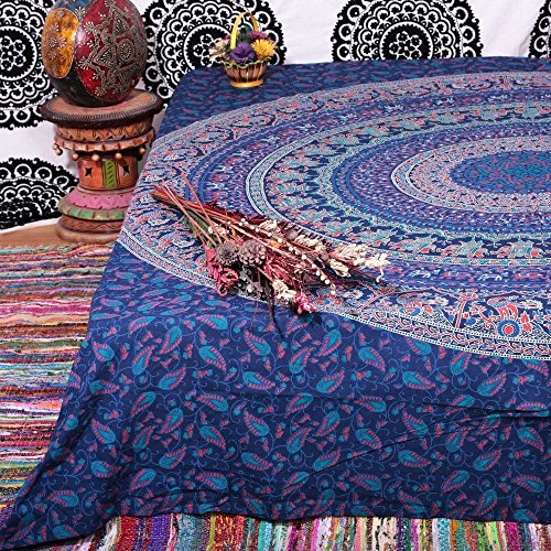 Popular Handicrafts Hippie Mandala Elephant Peacock Bohemian Psychedelic Intricate Floral Design Indian Bedspread Magical Thinking Tapestry 84X90 Inches,(215X230Cms) Neavy Blue #TOP29