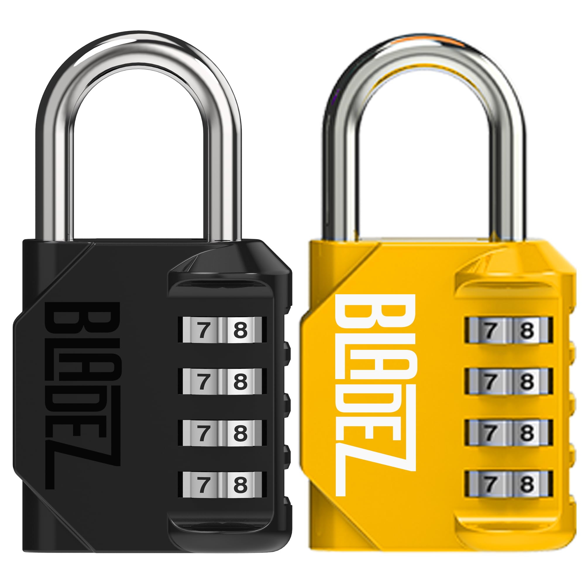 Bladez Combination Padlock with Code, Heavy Duty 4 Digit Pad Locks with Code, Weatherproof & Rust Resistant Locker Padlocks for Gym, School, Shed, Toolbox, Storage & Gate Pack of 2 Black & Yellow