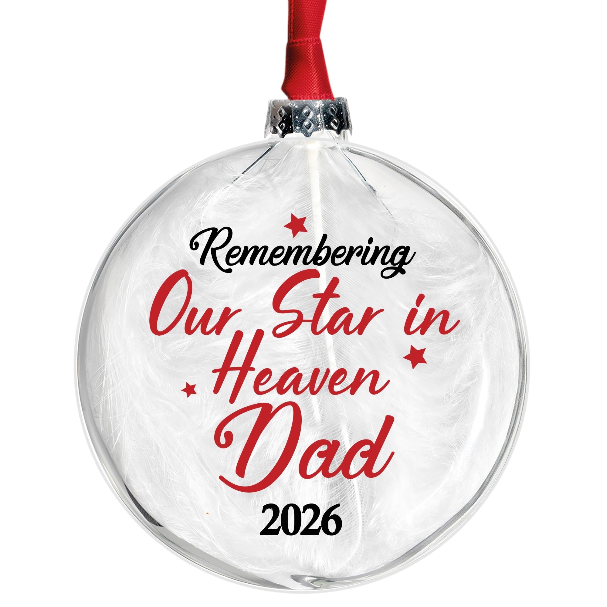 Personalised Memorial Bauble Glass In 10 Colours Filled With White Feather Remembering Our Star in Heaven Glass Christmas Tree Decoration (Red)