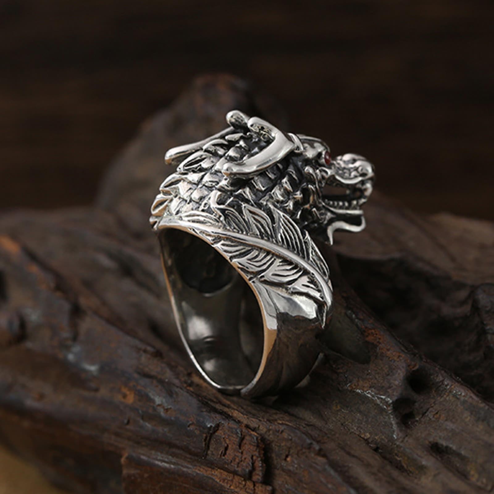 KnSam Herren Sterling 925er Silber Trauringe Drachenkopf Verlobungsring