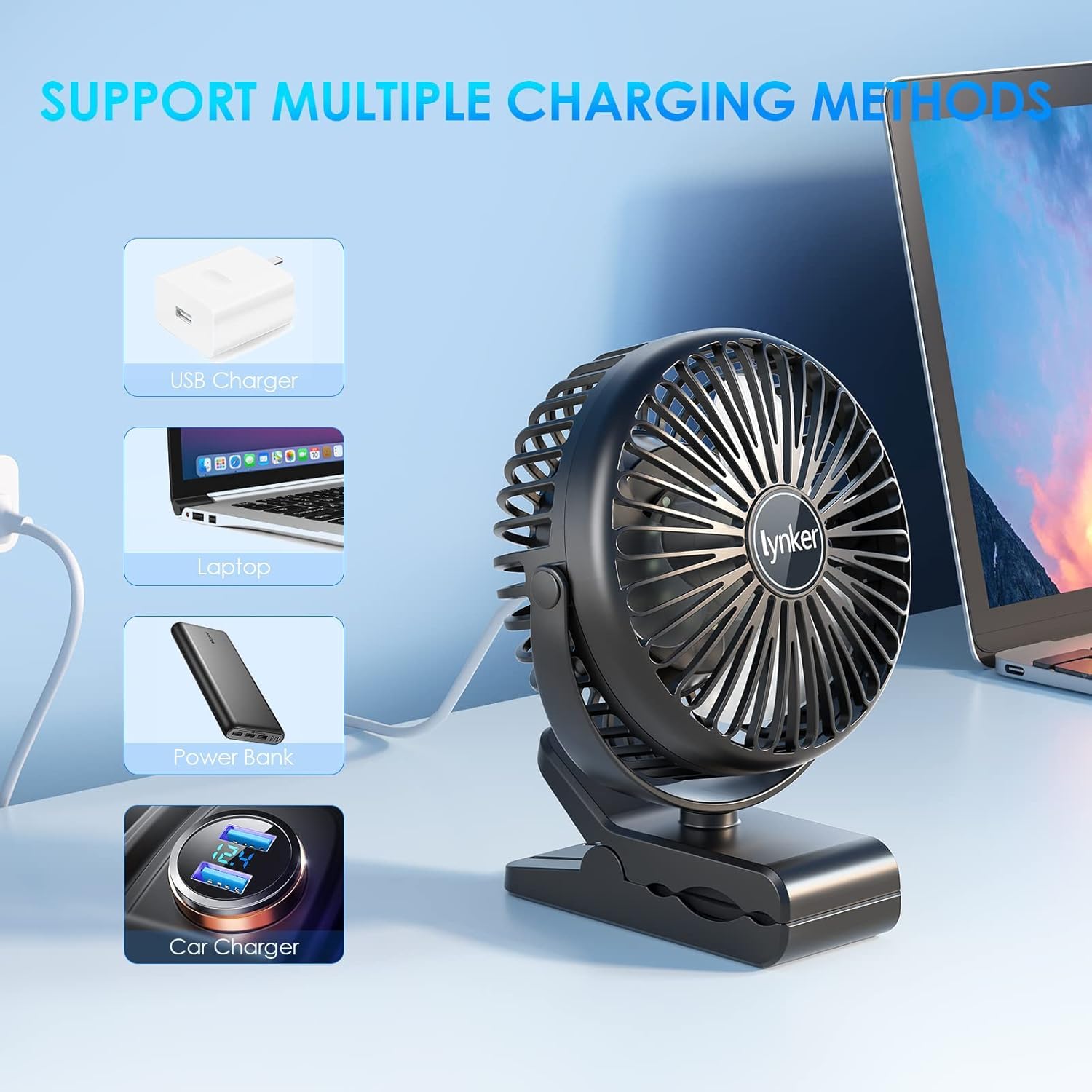 Mini Ventilatore USB Portatile con Clip 10000 mAh, 3 in 1 Ventilatore Versatile con Luce a LED, 12-40 ore, Ricaricabile Ventilatore da Tavolo Silenzioso, Rotazione di 360°, per Ufficio, Auto, Viaggio