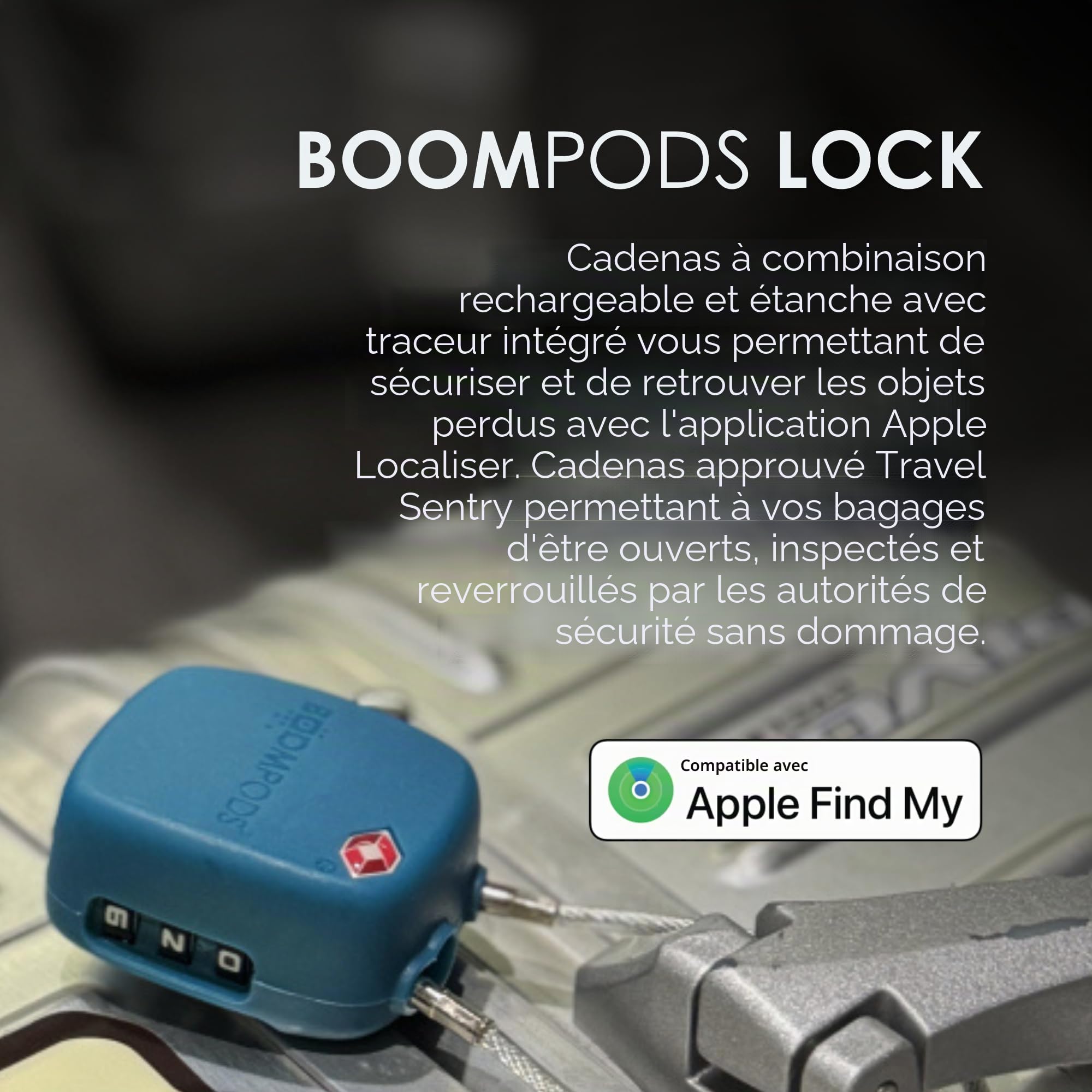 Boompods Cadenas Valise avec Fonction de Localisation - Cadenas Connectée avec Traceur Compatible avec Apple Find My App, Verrou Intelligent TSA pour Valise et Bagages, Batterie Rechargeable - Noir