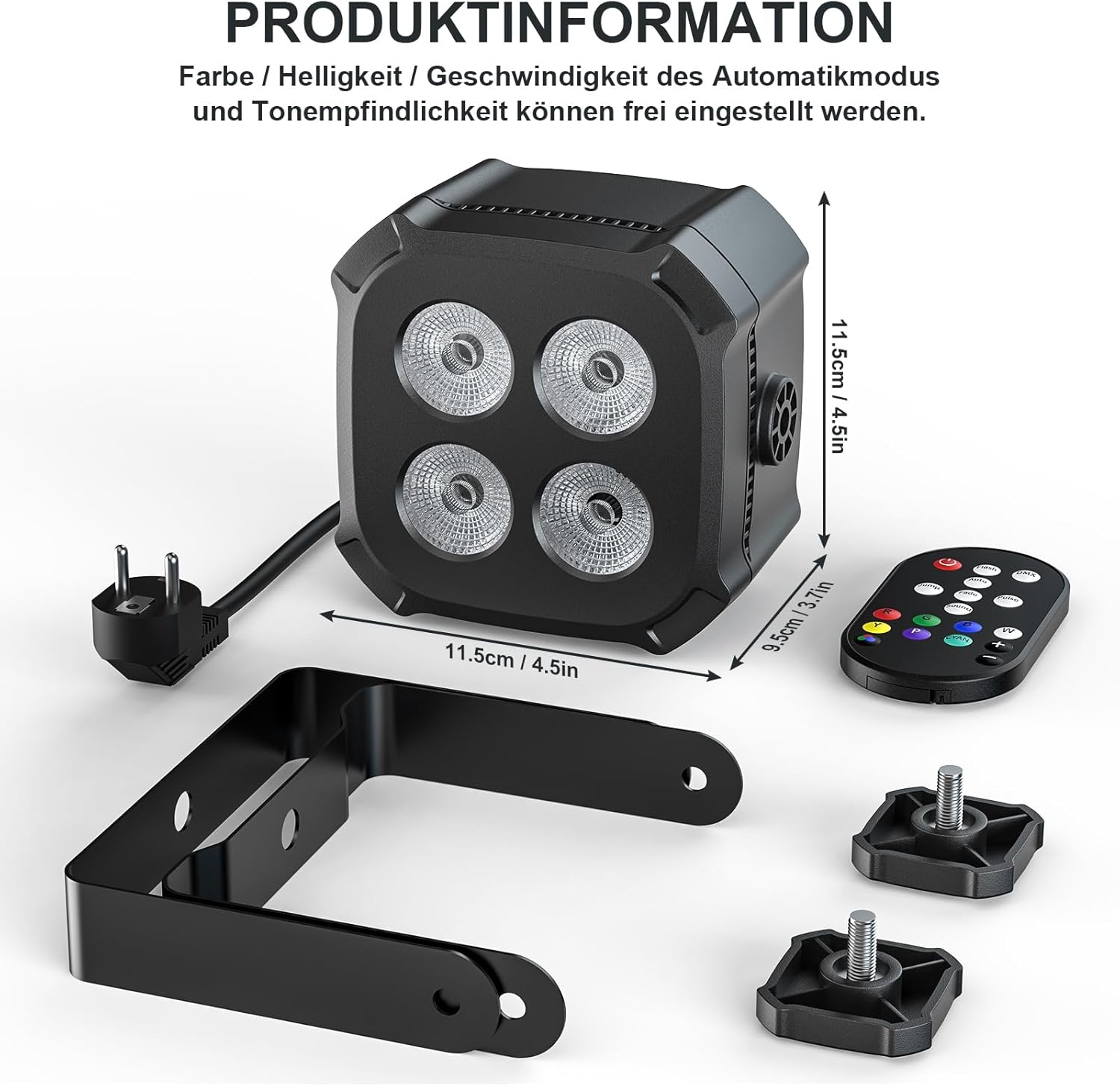 Diagram showing the dimensions of the Rtktoup LED Par Spotlight and its remote control.