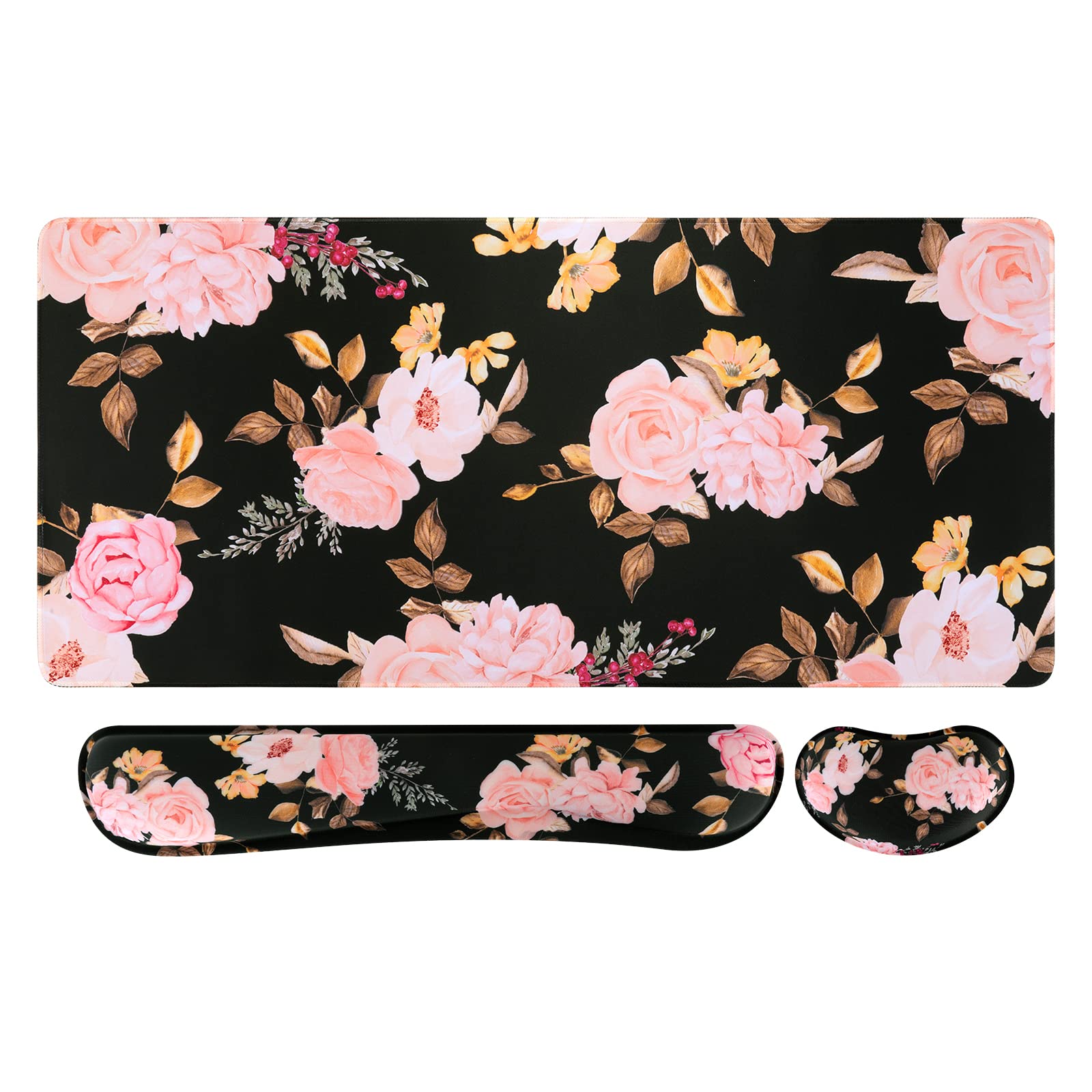 iCasso Lot de 3 tapis de souris pour clavier, tapis de souris de jeu étendu + repose-poignet pour clavier, mousse à mémoire de forme, soulagement de la douleur à la saisie facile, grand tapis de