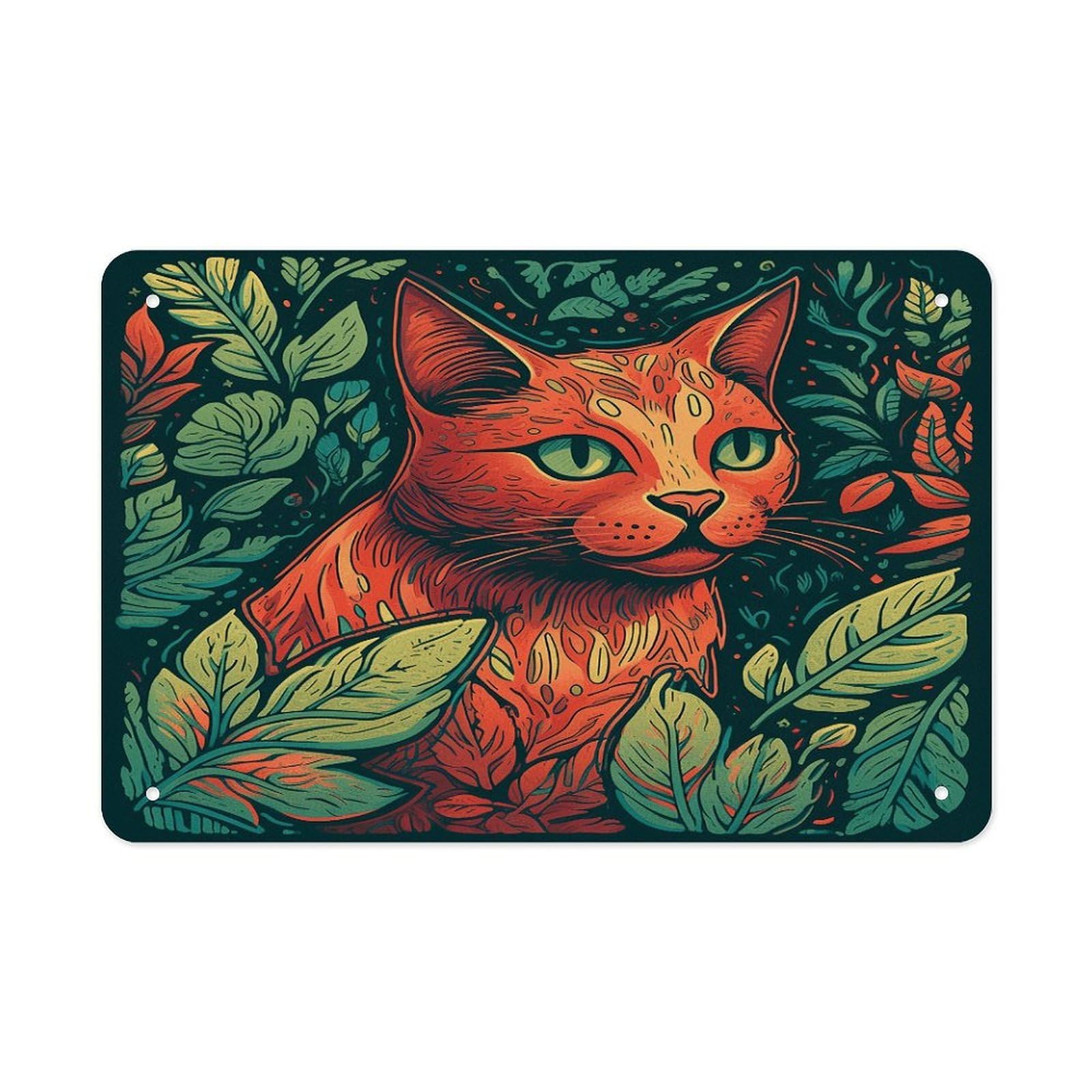 Fekiloot Style Green Leaf Cat Metal Signs Wall Art Tin Sign