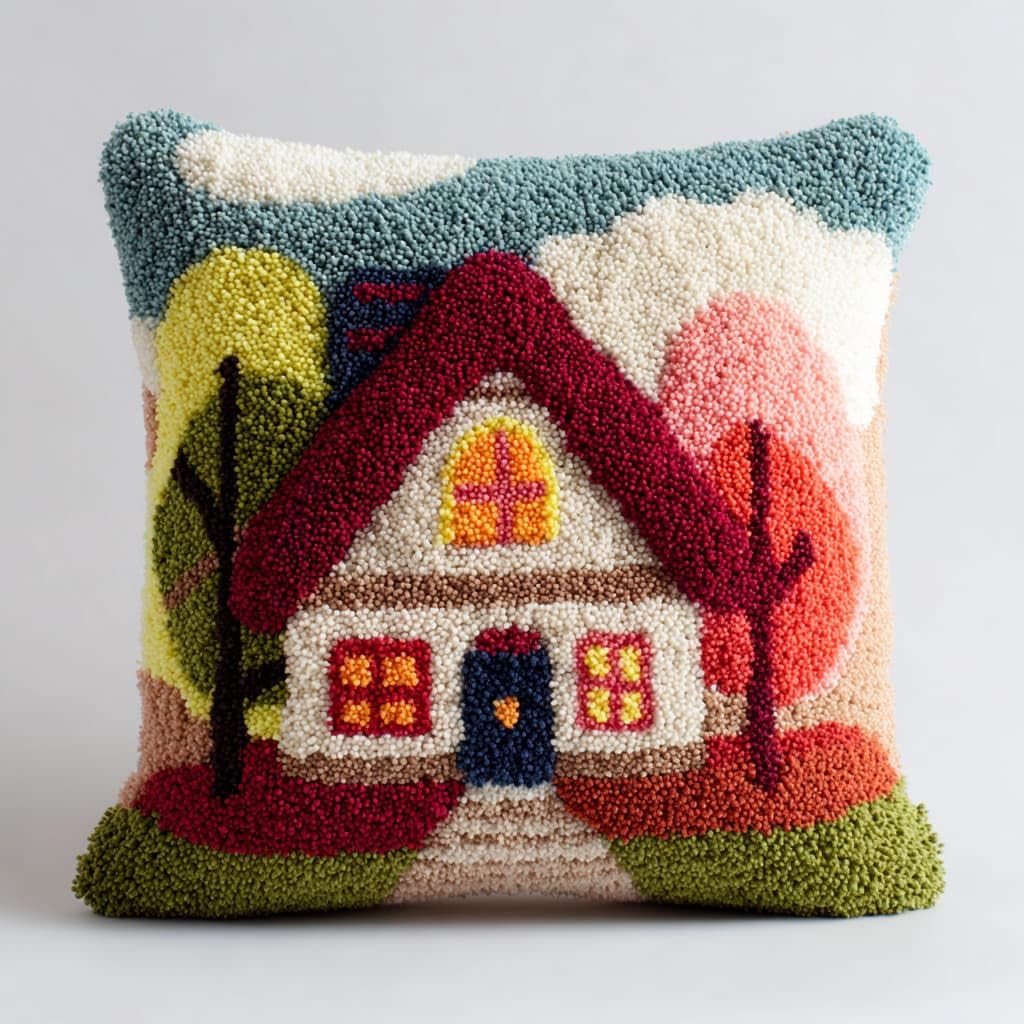 Henypt Latch Hook Cushion Kits, Country Cottage