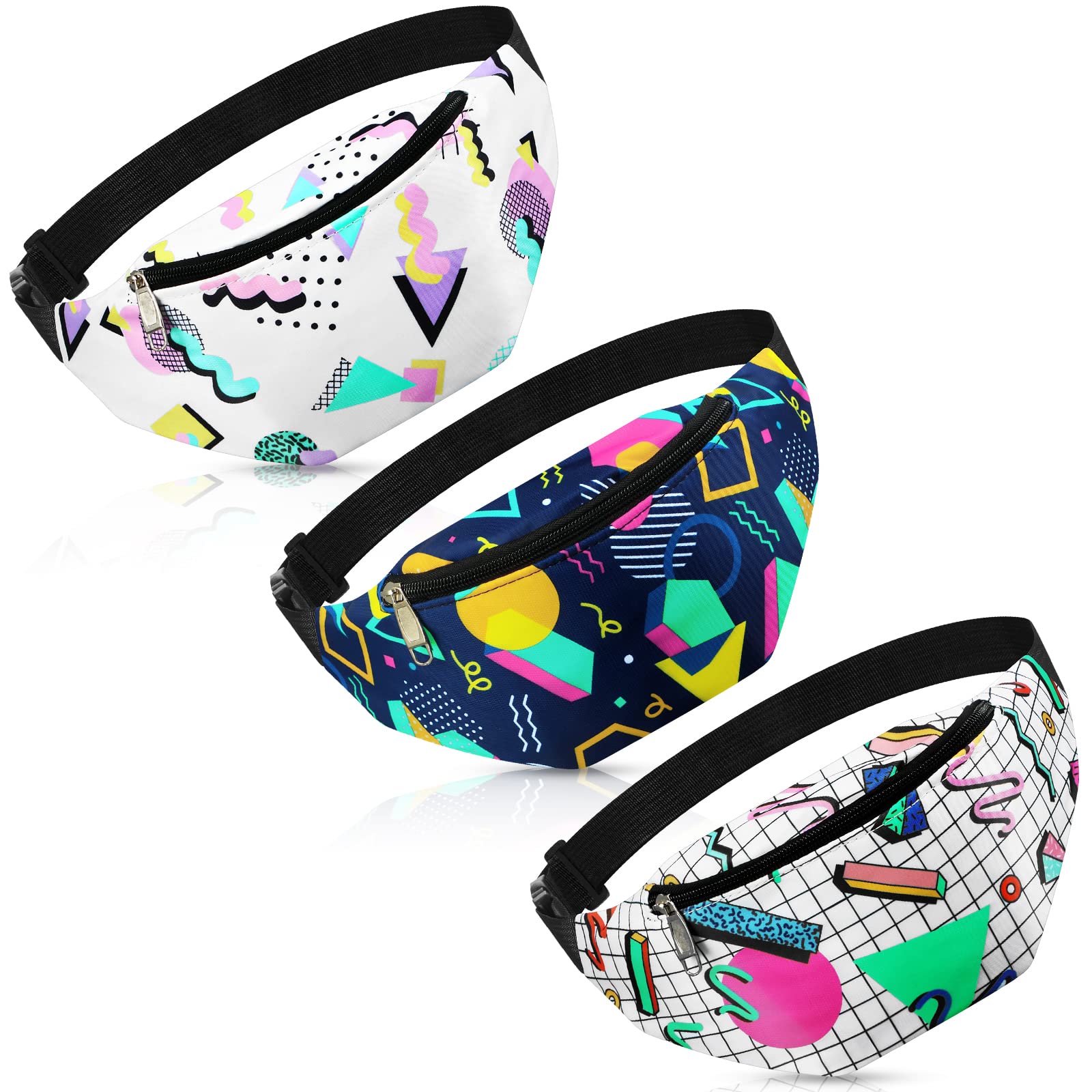 3 Pcs 80s 90s Fanny Packs Retro Neon Waist Bags 80s 90s Outfit Accessories for Men Women Adjustable Casual Bags Vintage Hiking Belt Waist Packs for