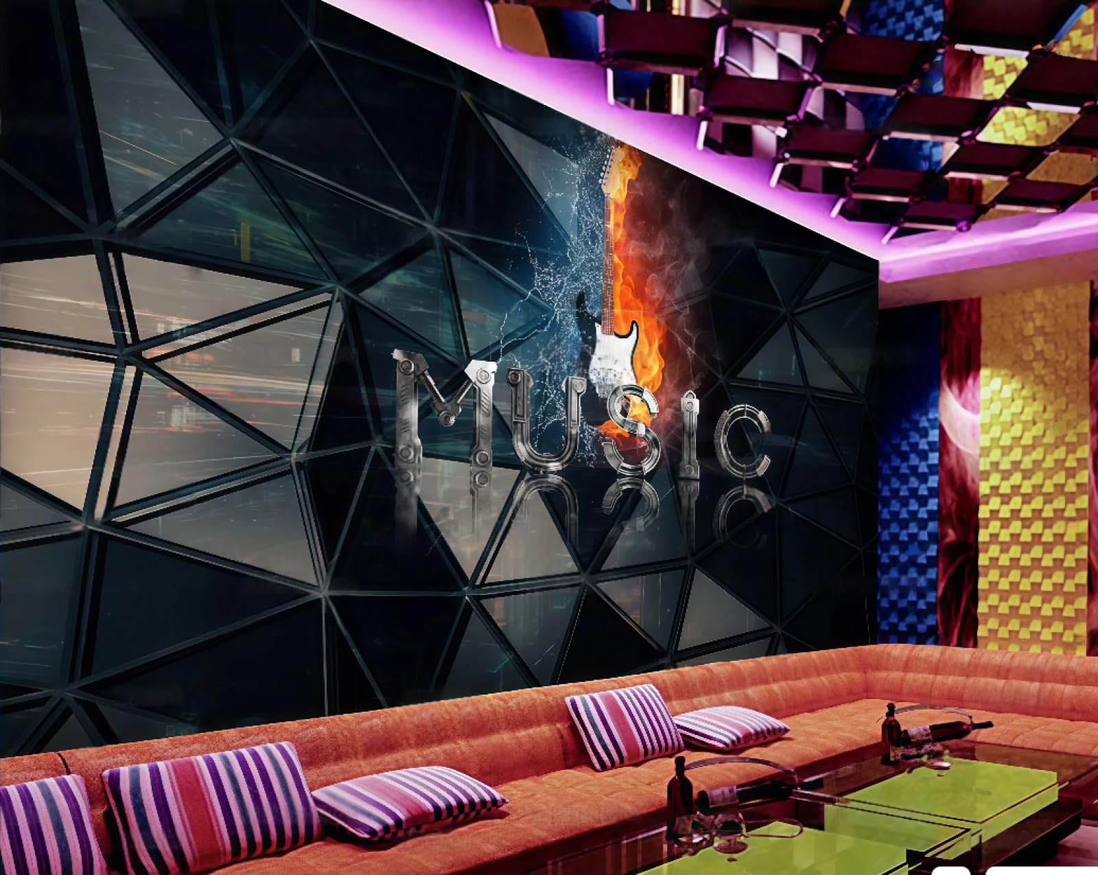 rskjdghshd Wallpaper Cool Black Three-Dimensional Fire Guitar Muisc Theme Nightclub Bar Western Restaurant Background Wall Mural Afternoon Tea Coffee Shop Wallpaper,3D,300x210cm