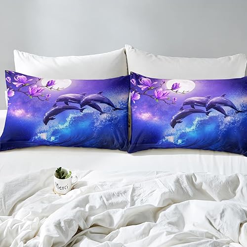 Miniatura 3 de Juego de sábanas de delfín galaxia tamaño Queen ropa de cama de olas oceánicas costeras flores de cerezo moradas sábanas de animales marinos para