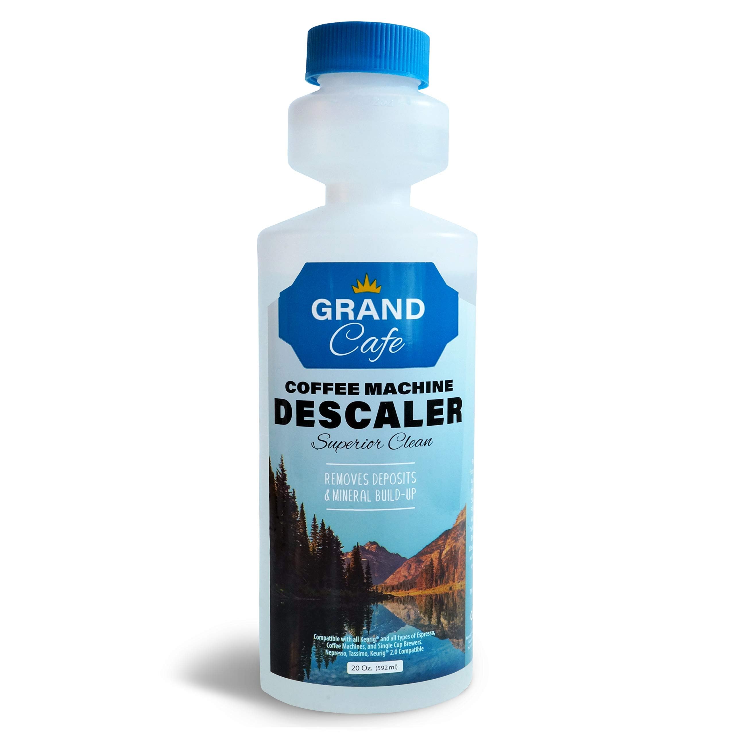 Grand Cafe – Universal descaling solution - Perfect Measure Bottle (20 oz, 5 uses per bottle) for Keurig, Nespresso, Delonghi and All Single Use