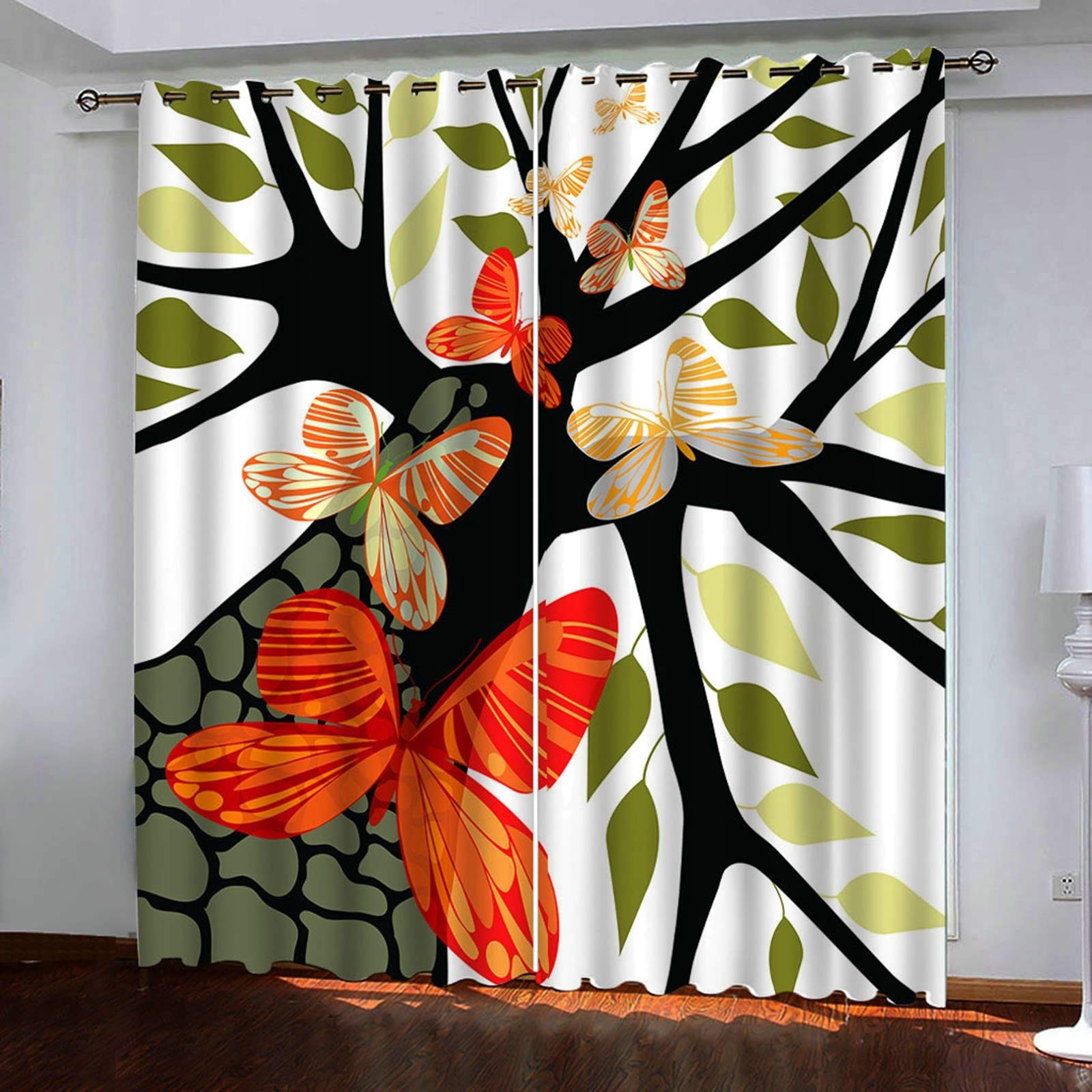 Rideaux occultants arbre et papillons blanc noir orange L264xH160cm