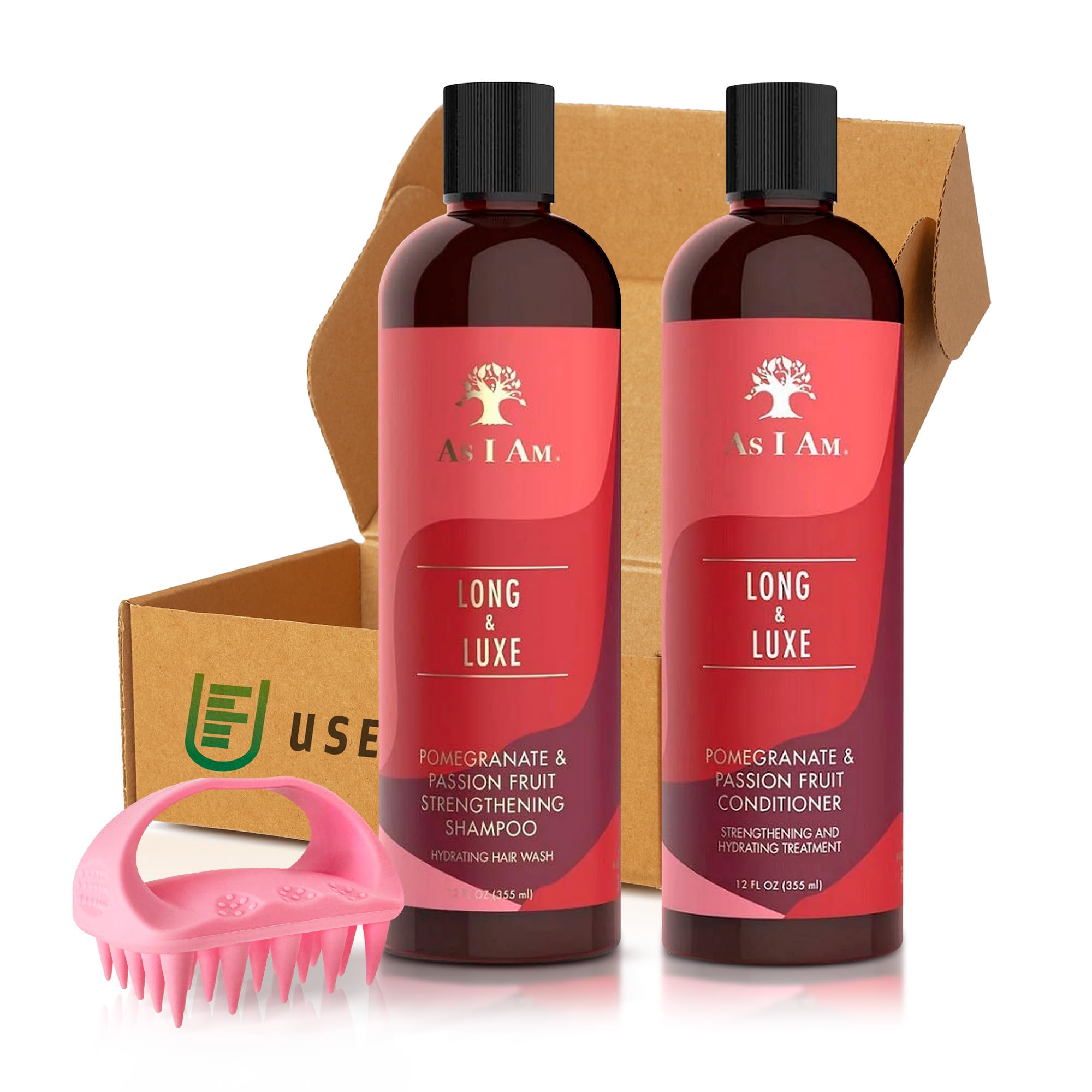 Shampoo and Conditioner Set 2 Hair Products for Women Bundles Includes As I Am Long and Luxe Products Pomegranate & Passion Fruit Strengthening Hydrating with Branded Silicone Scalp Brush by USEFILL5