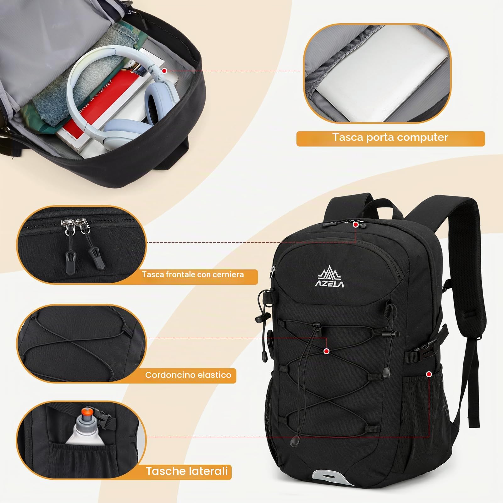 GES Zaino da trekking multifunzione da 30 l, con copertura antipioggia, zaino da trekking resistente, per scuola, lavoro, campeggio, trekking, ciclismo e sport all'aria aperta