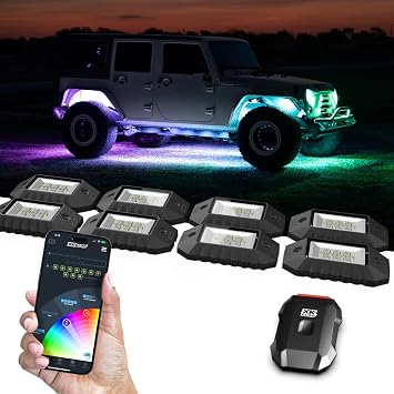 XKmax RGBW LED Rock Light Kit with Color Chasing | App-Controlled 8pc Advanced Kit