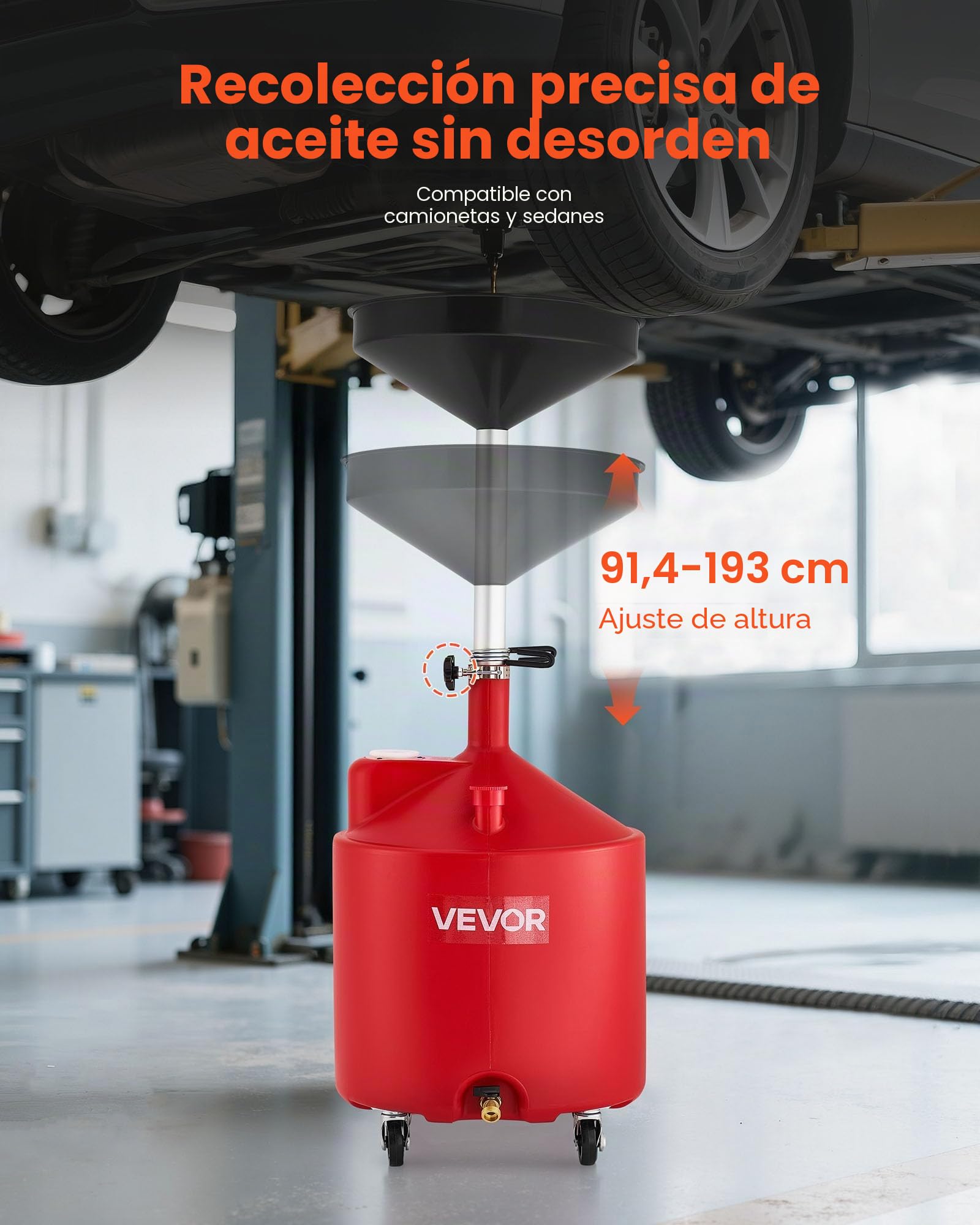 VEVOR Tanque de Drenaje de Aceite Usado, Drenaje de Aceite Portátil de Plástico de 68 L con Embudo Ajustable y Ruedas, Drenador de Combustible para Taller de Reparación de Coches, Industria, Rojo